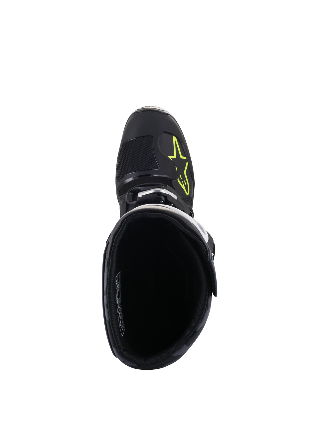 Alpinestars Tech 5 Stiefel, Draufsicht, Schwarz mit Gelb Fluo Logo auf der Zehenbox, zeigt das Innenfutter und den Schnallenverschluss, Hochleistungs-Motocross- und Offroad-Fußbekleidung