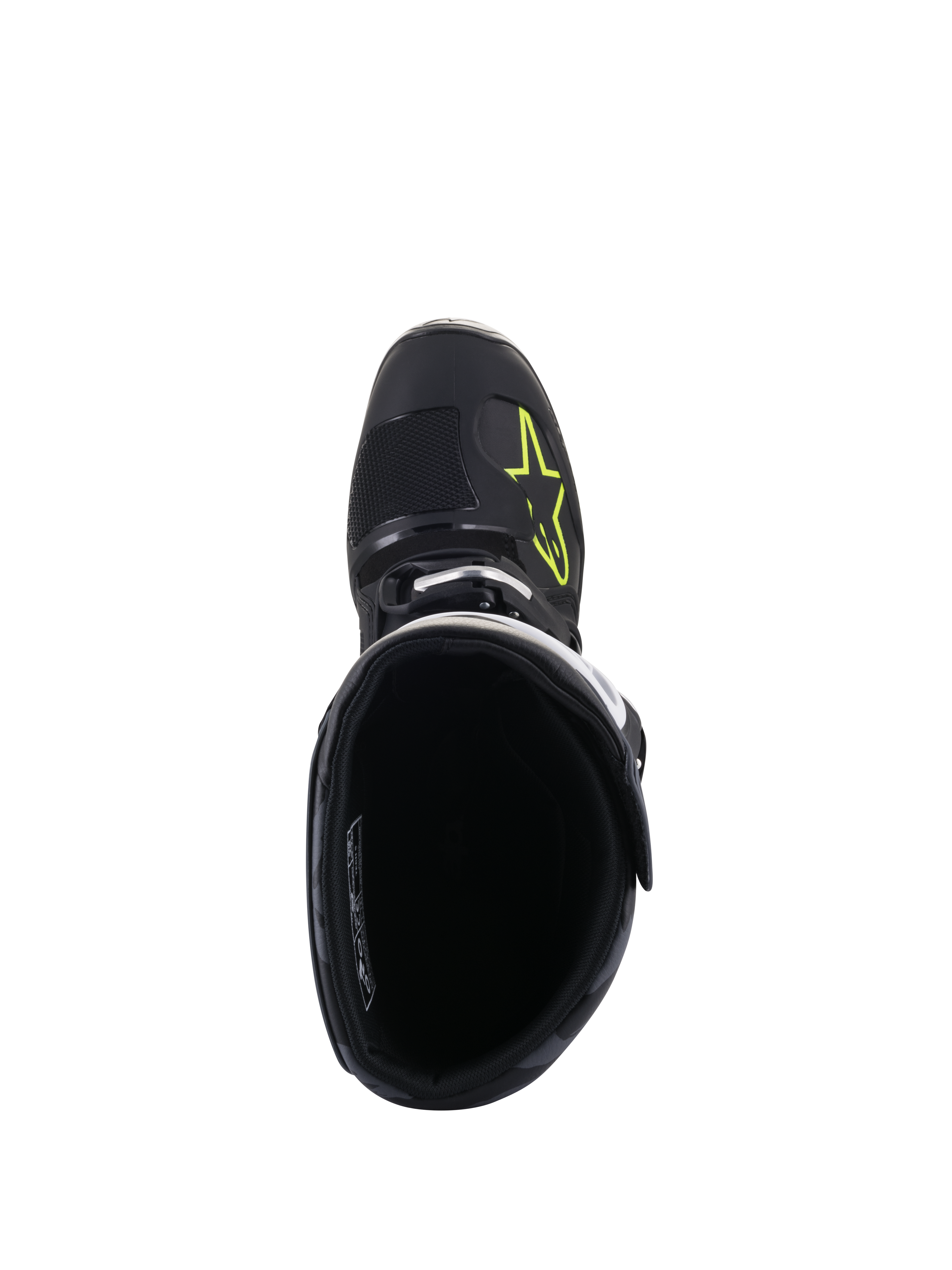 Alpinestars Tech 5 Stiefel, Draufsicht, Schwarz mit Gelb Fluo Logo auf der Zehenbox, zeigt das Innenfutter und den Schnallenverschluss, Hochleistungs-Motocross- und Offroad-Fußbekleidung