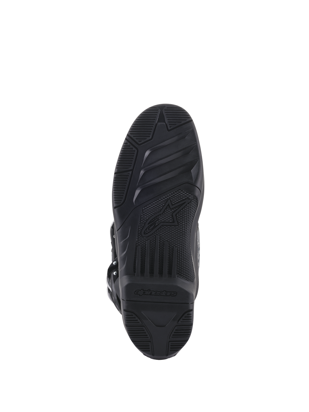 Alpinestars Tech 5 Stiefel, Unteransicht der Sohle, schwarzer Gummi mit strukturierten Gripmustern, mit Alpinestars Stern-Logo und Branding, robustes Design für Motocross- und Offroad-Traktion