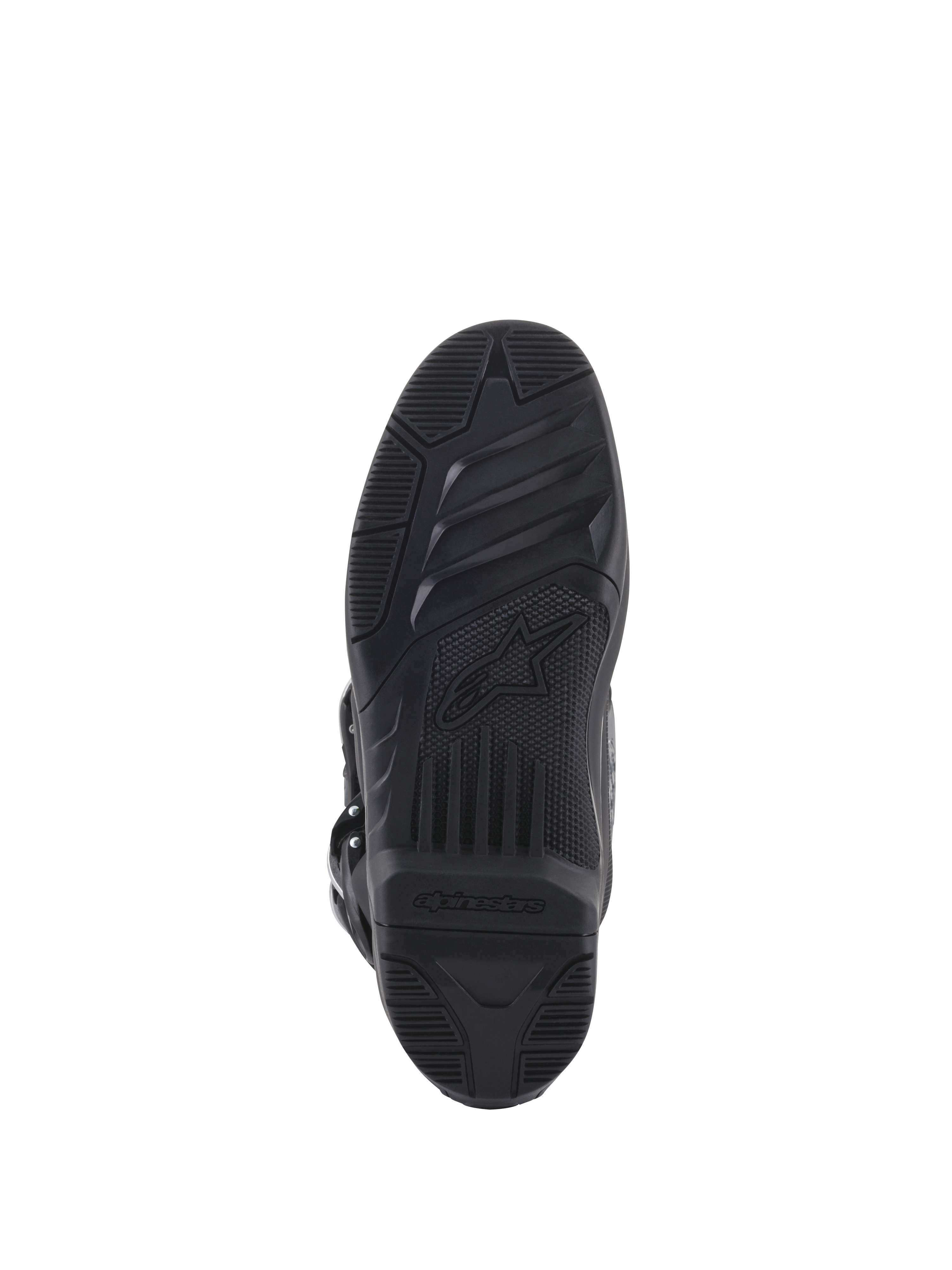 Alpinestars Tech 5 Stiefel, Unteransicht der Sohle, schwarzer Gummi mit strukturierten Gripmustern, mit Alpinestars Stern-Logo und Branding, robustes Design für Motocross- und Offroad-Traktion