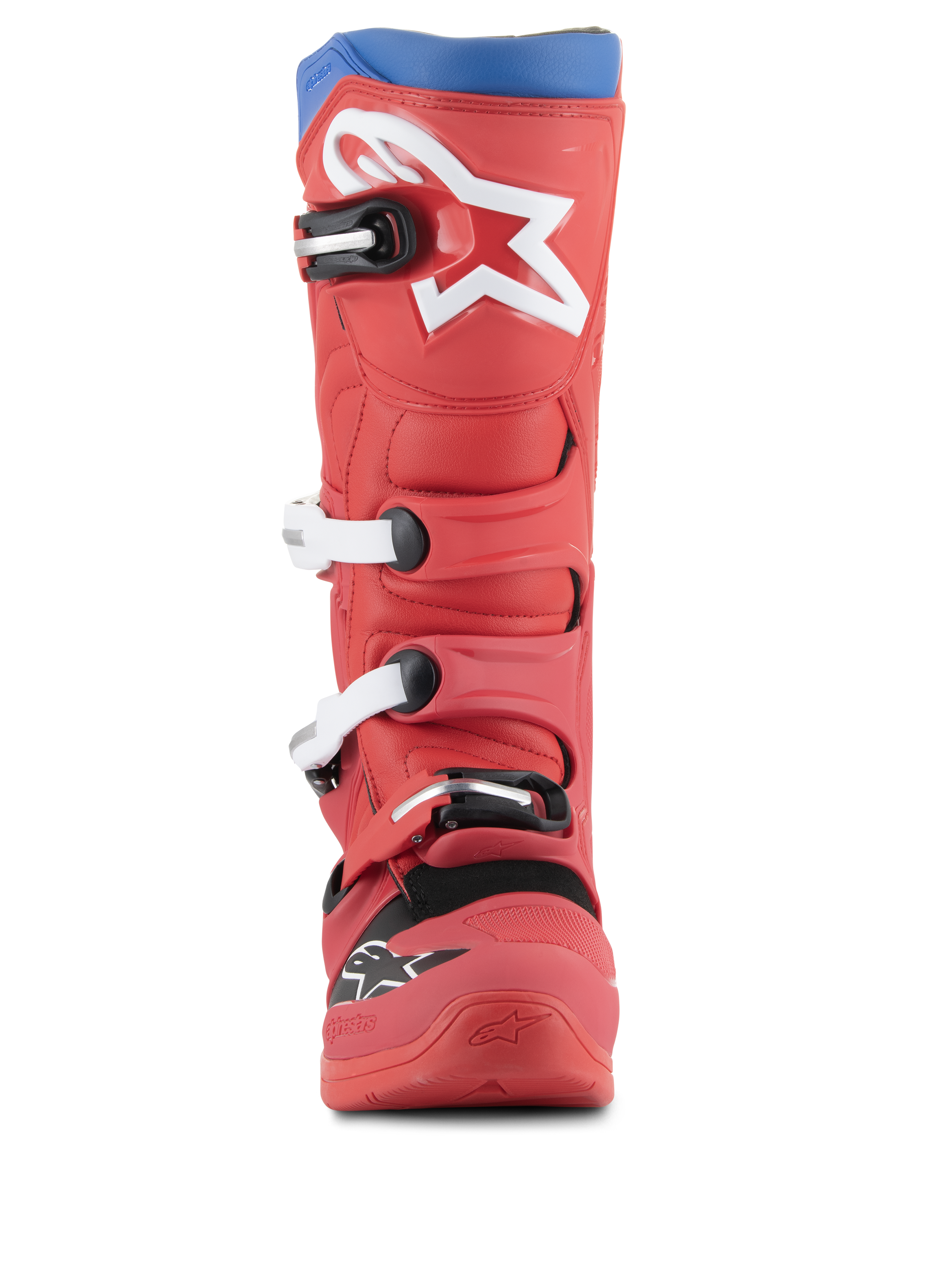 Alpinestars Tech 5 Stiefel, Motocross-Stiefel, Hellrot und Alpinblau, Vorderansicht mit großem weißem Stern-Logo auf dem Schienbein, Mehrfach-Schnallenverschluss-System, robustes Mikrofaser-Design für Offroad-Performance