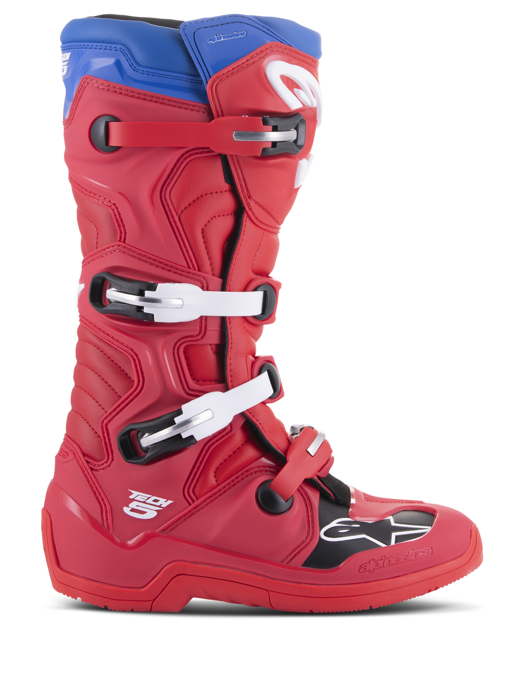 Alpinestars Tech 5 Stiefel, Motocross-Rennstiefel, Hellrot und Alpinblau, Seitenprofil mit Vier-Schnallen-Verschlusssystem, verstärkter Zehenbereich mit schwarzem Panel und weißem Logo, strapazierfähiges Mikrofaser-Chassis für Offroad-Schutz
