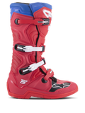 Alpinestars Tech 5 Stiefel, Motocross-Rennstiefel, Hellrot und Alpinblau, Seitenprofil mit Vier-Schnallen-Verschlusssystem, verstärkter Zehenbereich mit schwarzem Panel und weißem Logo, strapazierfähiges Mikrofaser-Chassis für Offroad-Schutz