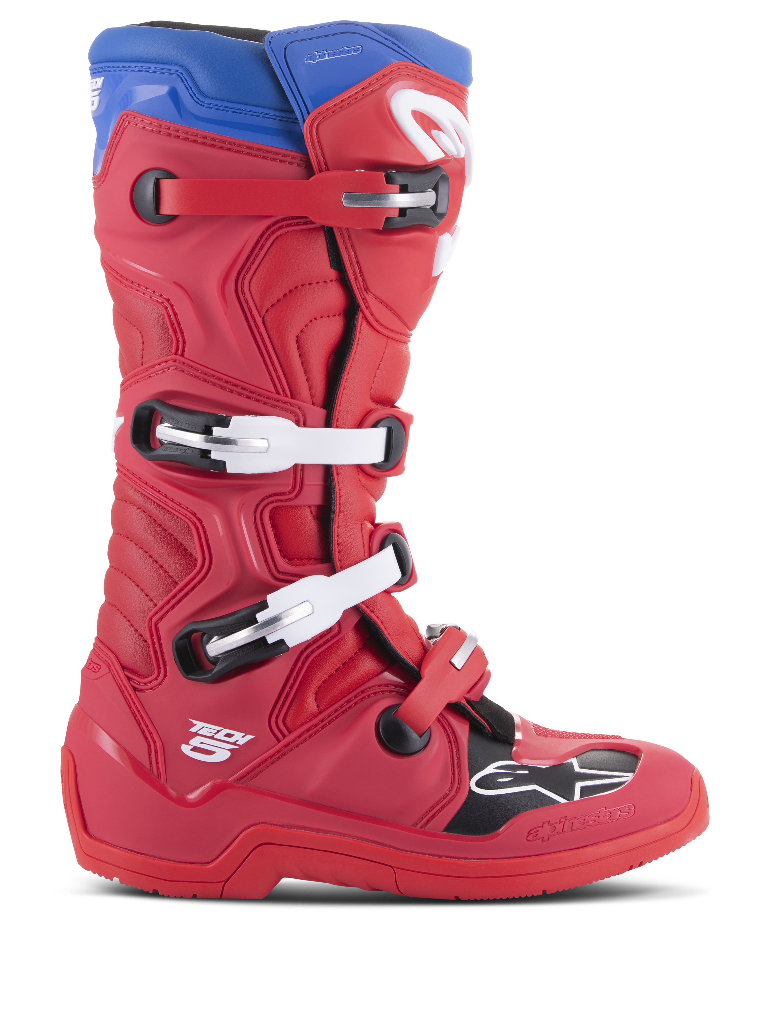 Alpinestars Tech 5 Stiefel, Motocross-Rennstiefel, Hellrot und Alpinblau, Seitenprofil mit Vier-Schnallen-Verschlusssystem, verstärkter Zehenbereich mit schwarzem Panel und weißem Logo, strapazierfähiges Mikrofaser-Chassis für Offroad-Schutz