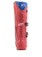 Alpinestars Tech 5 Stiefel, Motocross-Stiefel, Hellrot, Dunkelrot und Alpine-Blau, Rückansicht mit Ferse, Akkordeon-Flexzonen und blauer oberer Gamasche, sichtbare Schnallen und Branding
