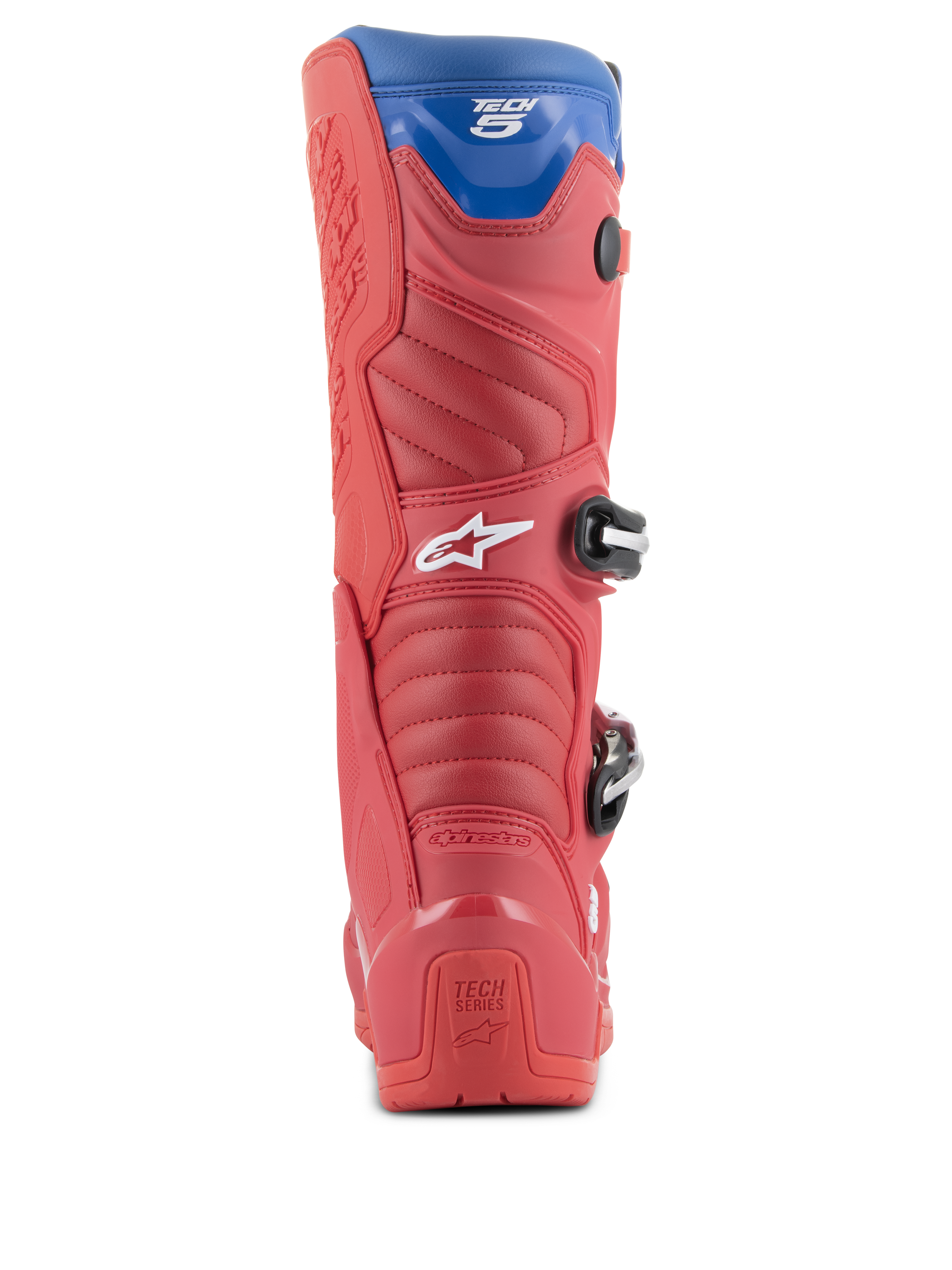 Alpinestars Tech 5 Stiefel, Motocross-Stiefel, Hellrot, Dunkelrot und Alpine-Blau, Rückansicht mit Ferse, Akkordeon-Flexzonen und blauer oberer Gamasche, sichtbare Schnallen und Branding