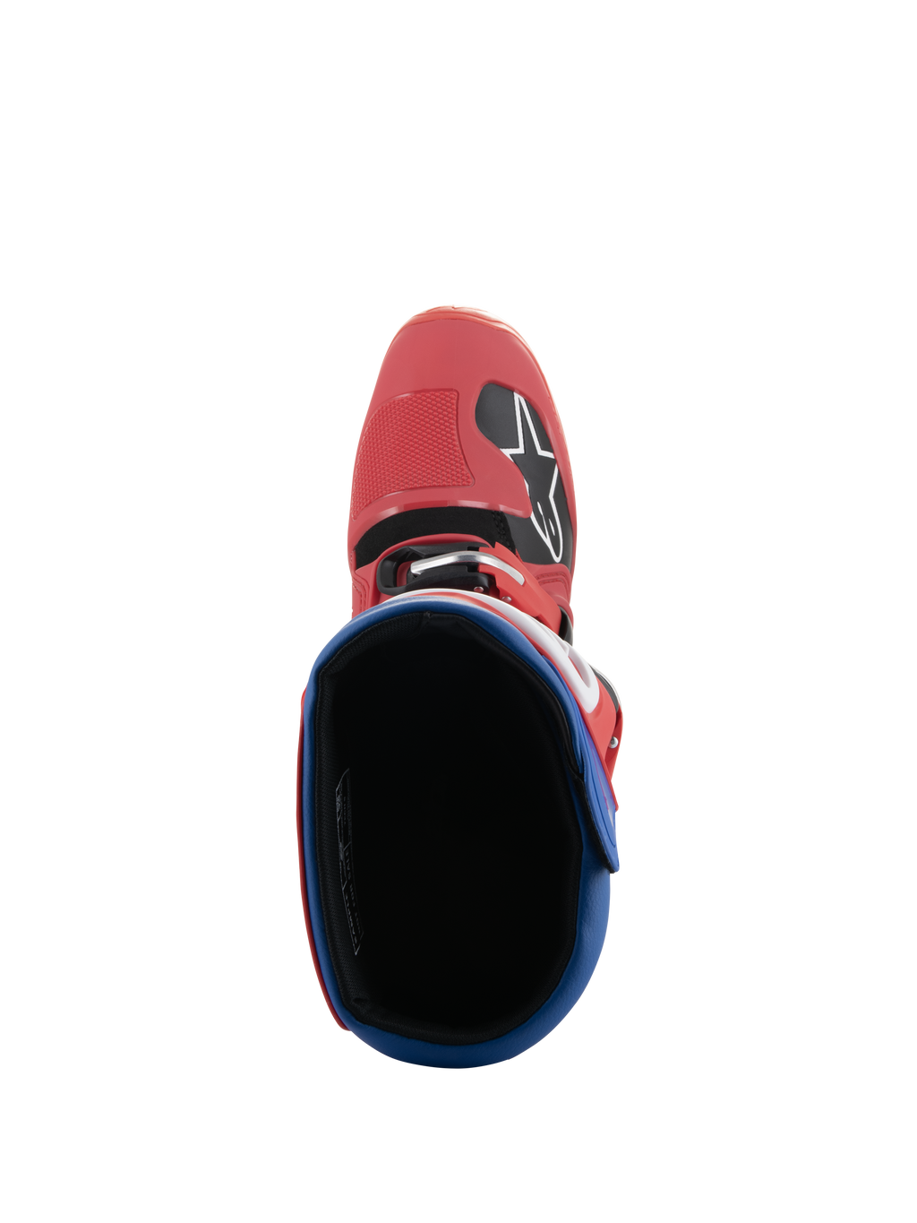 Alpinestars Tech 5 Stiefel, Motocross-Stiefel, Hellrot und Alpin-Blau, Draufsicht mit Blick in das Stiefelinnere, rote Mikrofaser-Zehenbox mit Alpinestars-Logo, blauer gepolsterter Kragen, strapazierfähiges Offroad-Renndesign
