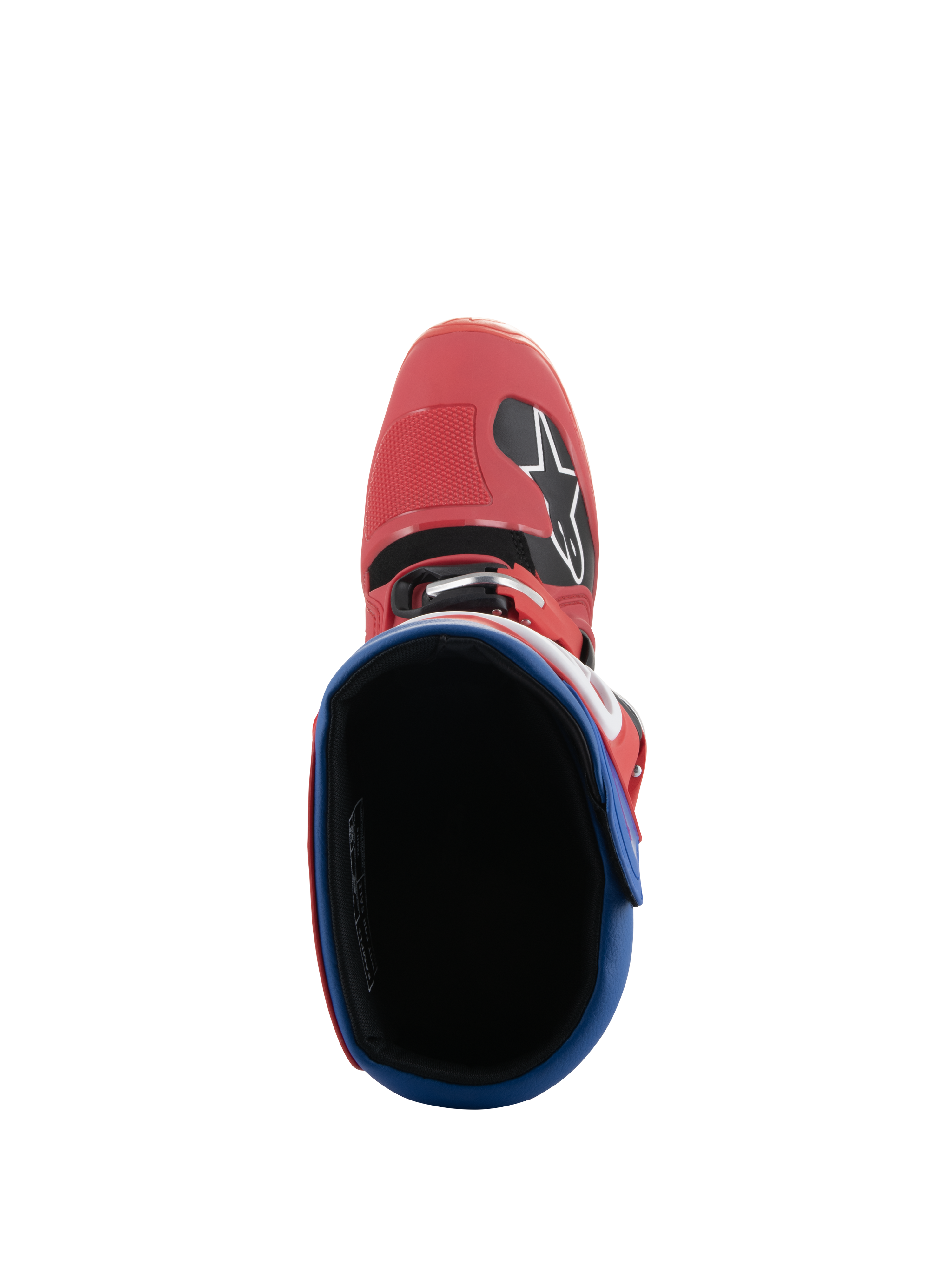 Alpinestars Tech 5 Stiefel, Motocross-Stiefel, Hellrot und Alpin-Blau, Draufsicht mit Blick in das Stiefelinnere, rote Mikrofaser-Zehenbox mit Alpinestars-Logo, blauer gepolsterter Kragen, strapazierfähiges Offroad-Renndesign