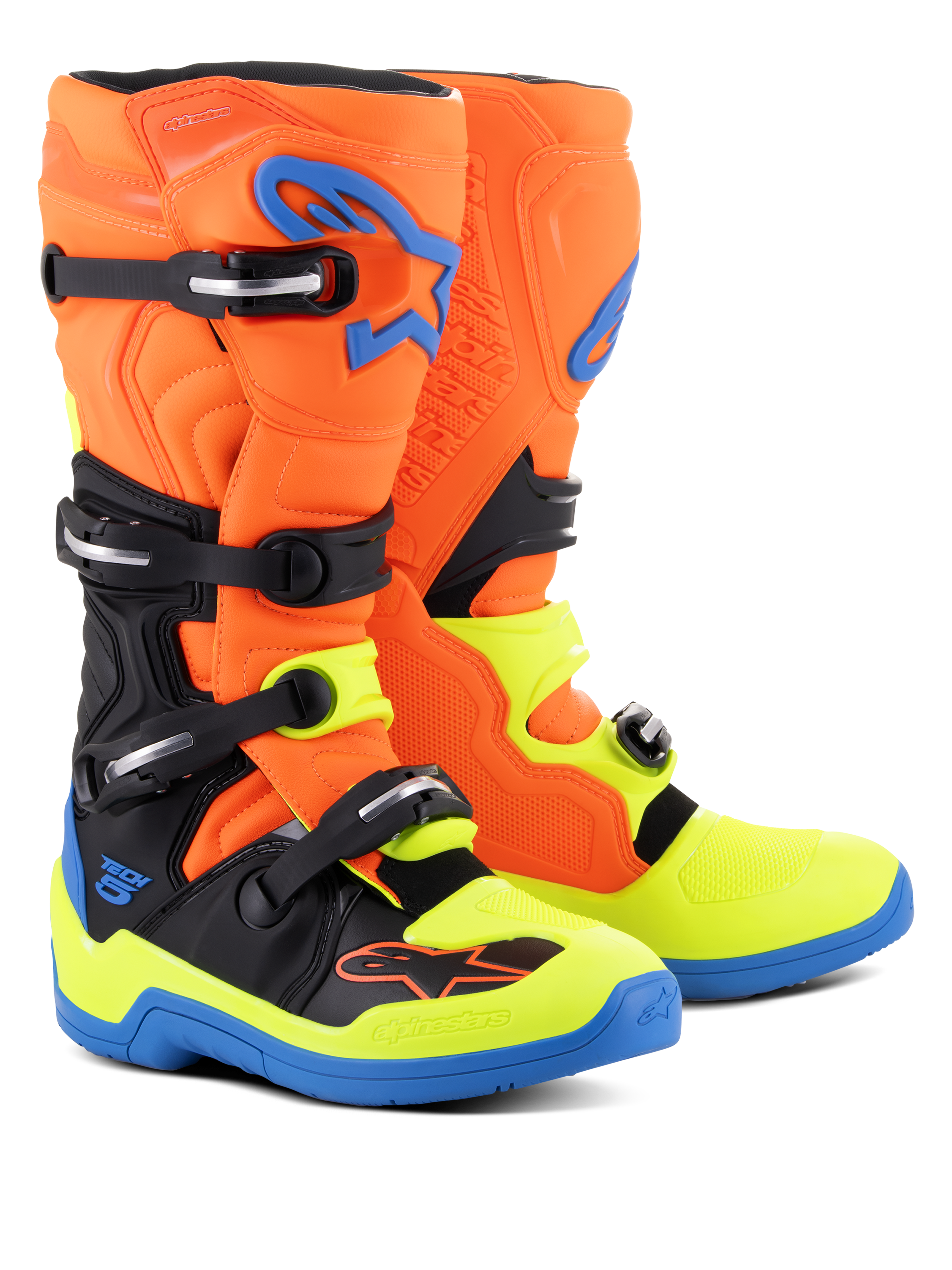 Alpinestars Tech 5 Stiefel, Motocross-Stiefel, Orange Fluo, Enamel-Blau und Gelb Fluo, mit einem Vier-Schnallen-Verschlusssystem, biomechanischem Drehgelenk für Stabilität und leuchtendem mehrfarbigem Design für den Offroad-Einsatz