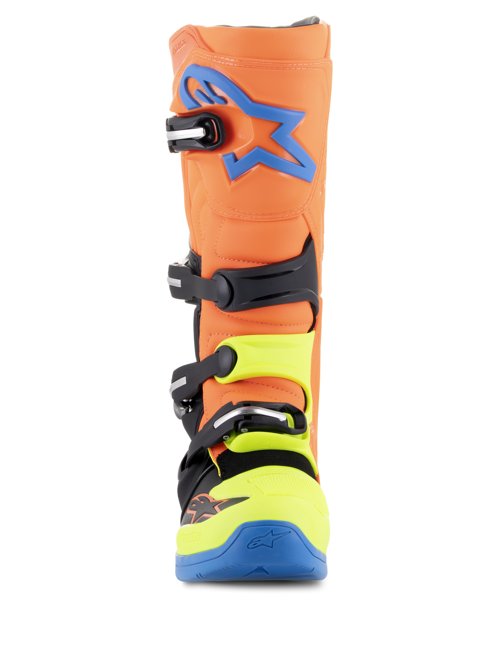 Alpinestars Tech 5 Stiefel, Motocross-Stiefel, Fluo-Orange, Enamel-Blau und Fluo-Gelb, Vorderansicht mit dem Vier-Schnallen-Verschlusssystem, blaues Alpinestars-Logo auf dem Schienbein und neongelbe Akzente an der Zehenpartie und den Schnallen.