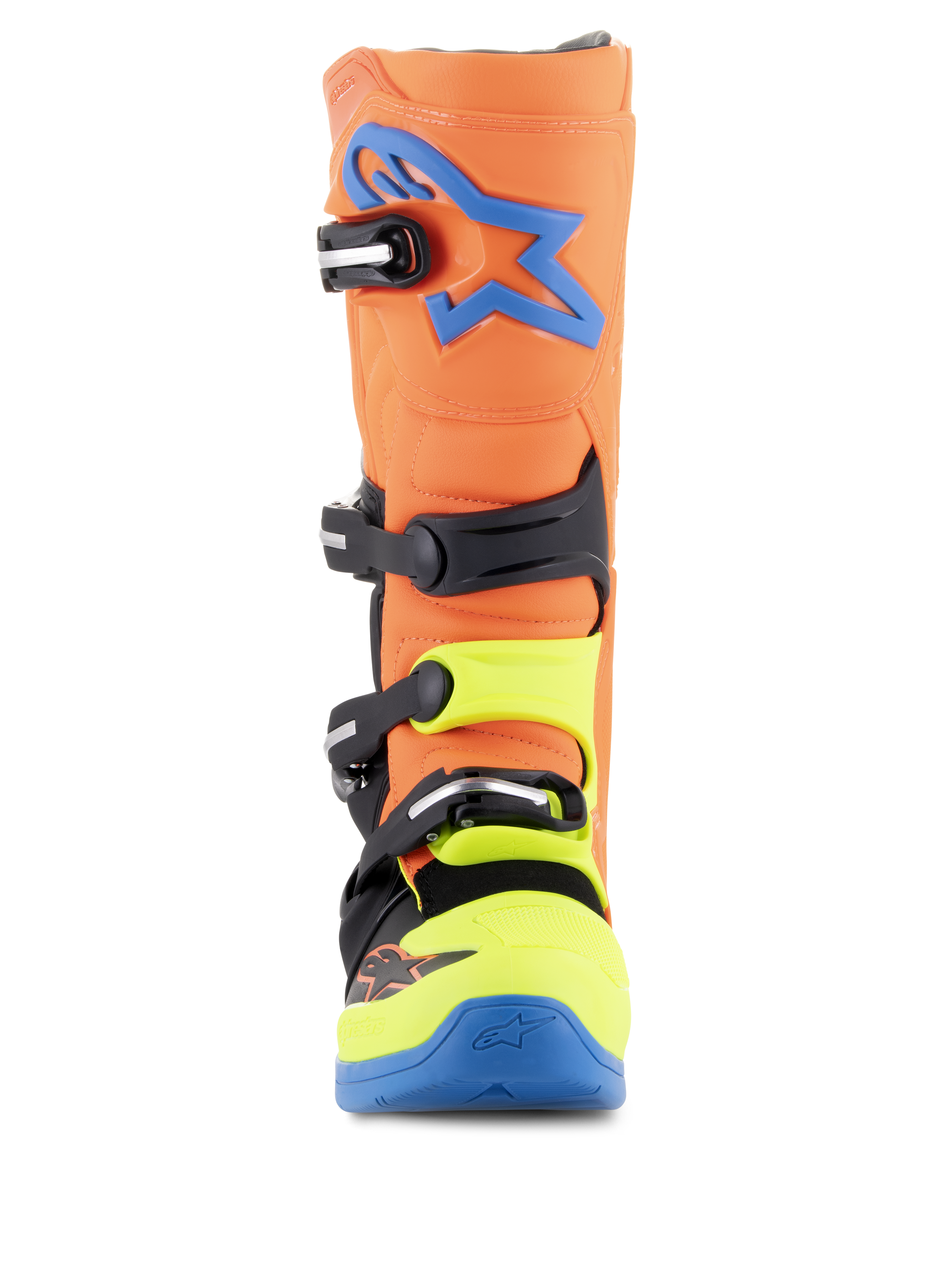 Alpinestars Tech 5 Stiefel, Motocross-Stiefel, Fluo-Orange, Enamel-Blau und Fluo-Gelb, Vorderansicht mit dem Vier-Schnallen-Verschlusssystem, blaues Alpinestars-Logo auf dem Schienbein und neongelbe Akzente an der Zehenpartie und den Schnallen.