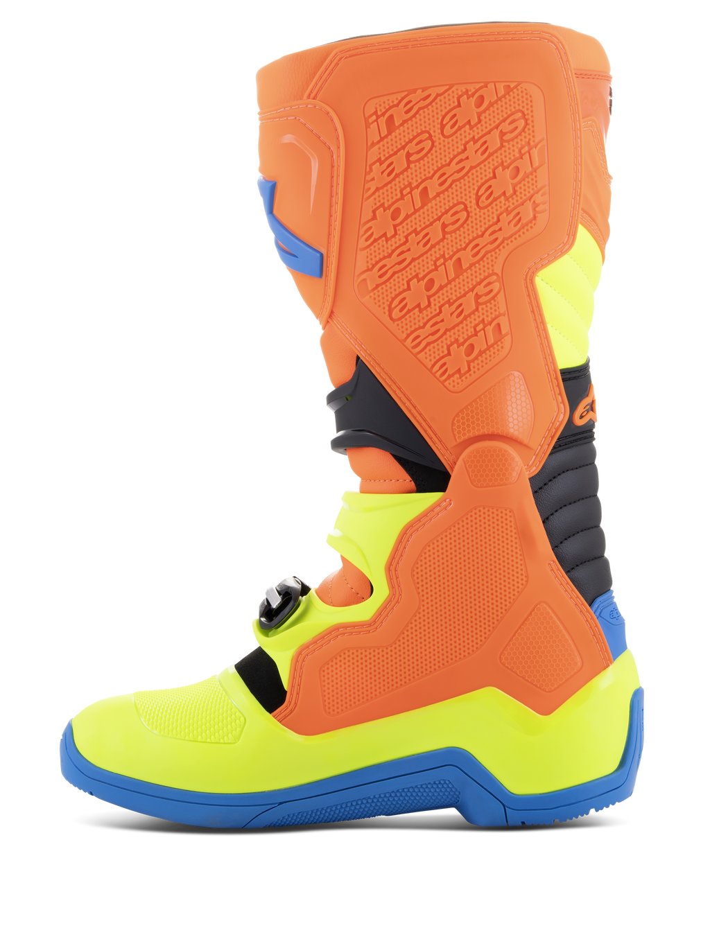 Alpinestars Tech 5 Stiefel, Motocross-Stiefel, Orange Fluo, Enamel Blue und Yellow Fluo, Seitenansicht mit biomechanischem Pivot-System, konturierter Polymerstruktur und strapazierfähigem Mikrofaser-Chassis für Offroad-Performance.
