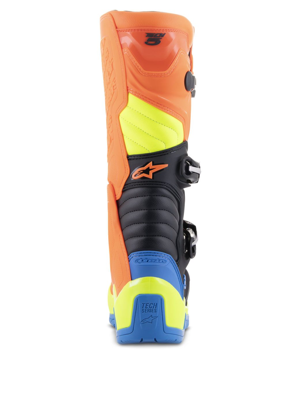 Alpinestars Tech 5 Stiefel, Motocross-Stiefel, Orange Fluo, Enamel Blue und Yellow Fluo, Rückansicht mit Akkordeon-Flexzonen, strapazierfähigem Polymer-Wadenschutz und auffälligem mehrfarbigem Panel-Design für den Offroad-Rennsport