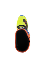 Alpinestars Tech 5 Stiefel, Draufsicht mit Blick in die Öffnung, mit leuchtendem Orange Fluo-Kragen und Yellow Fluo-Zehenbox, schwarzes Innenfutter, strapazierfähiges Offroad-Motocross-Schuhwerk