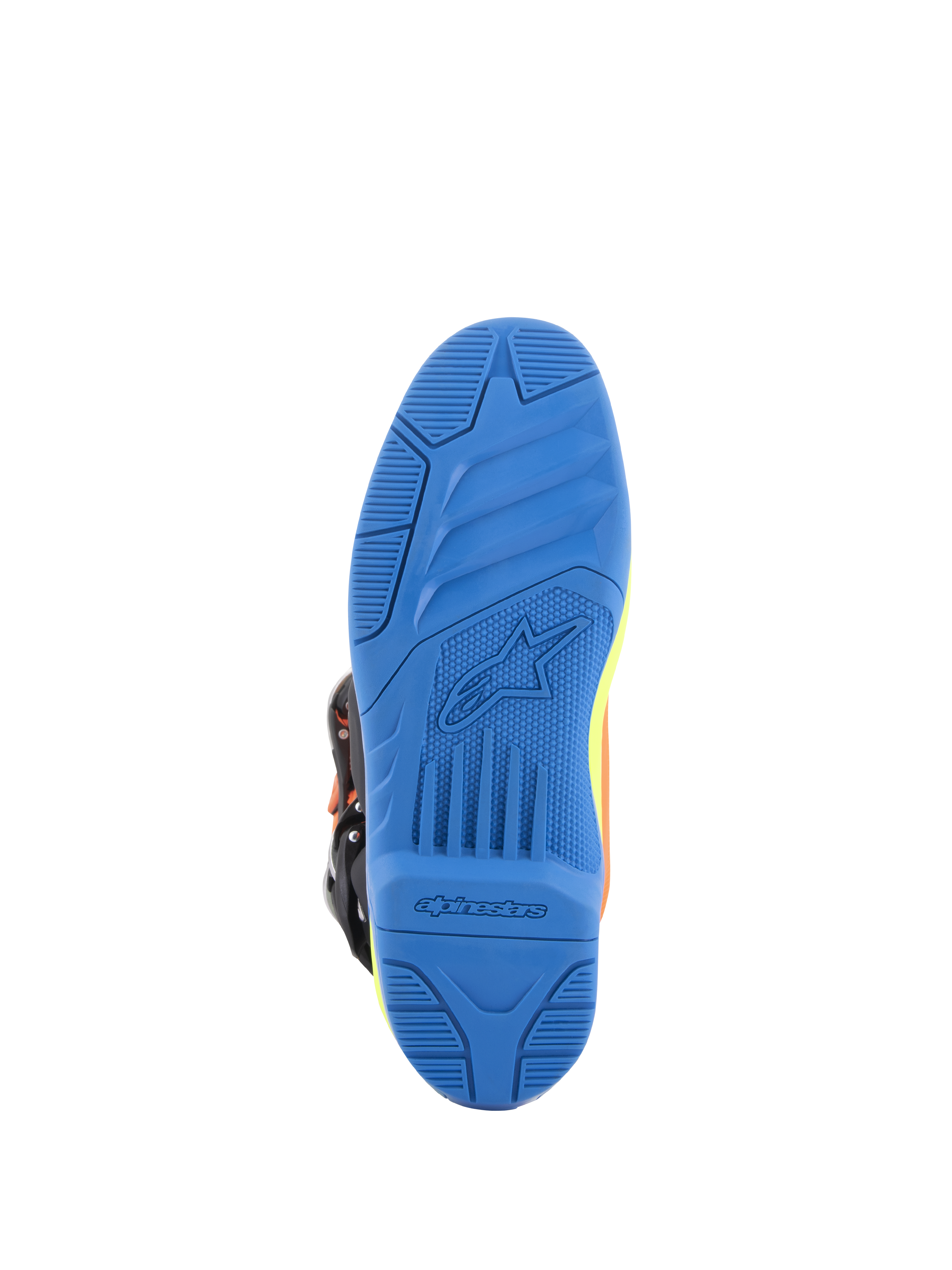 Alpinestars Tech 5 Stiefel, Motocross-Stiefel, Orange Fluo, Enamel Blue und Yellow Fluo, detaillierte Ansicht der Unterseite der blauen Dual-Compound-Sohle mit strukturierter Grifffläche und Alpinestars-Branding
