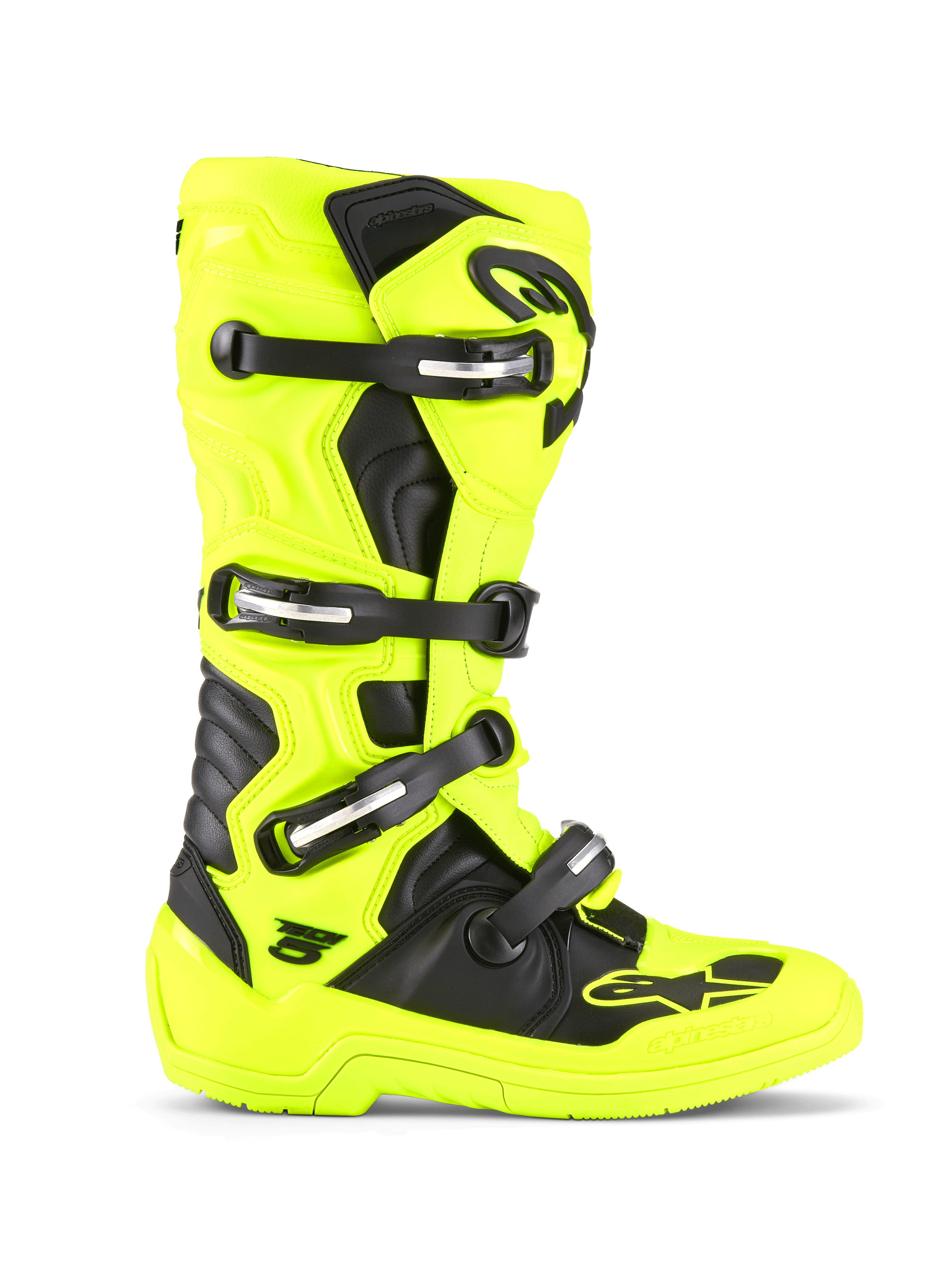 Alpinestars Tech 5 Stiefel, Motocross- und Offroad-Stiefel, Neongelb und Schwarz, Vier-Schnallen-Verschlusssystem, schützende TPU-Schale, biomechanisches Drehgelenk-Design, strapazierfähige Sohle für den Rennsport