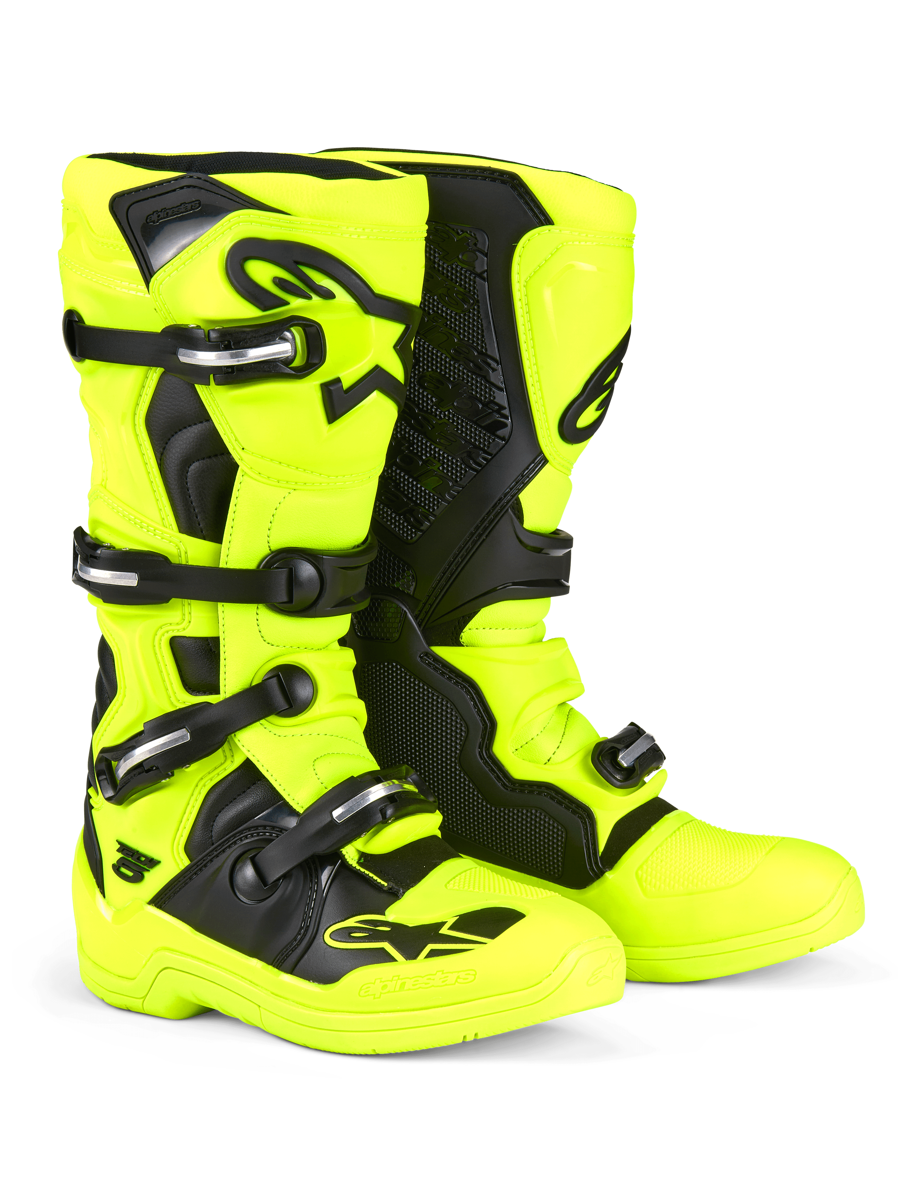 Alpinestars Tech 5 Stiefel, Motocross-Stiefel, Gelb Fluo und Schwarz, mit einem Mehrfach-Schnallen-Verschlusssystem mit silbernen Details, schwarzen Schutzpaneelen und markanten Alpinestars-Logos auf dem Schienbein und im Zehenbereich, konzipiert für Offroad-Performance.