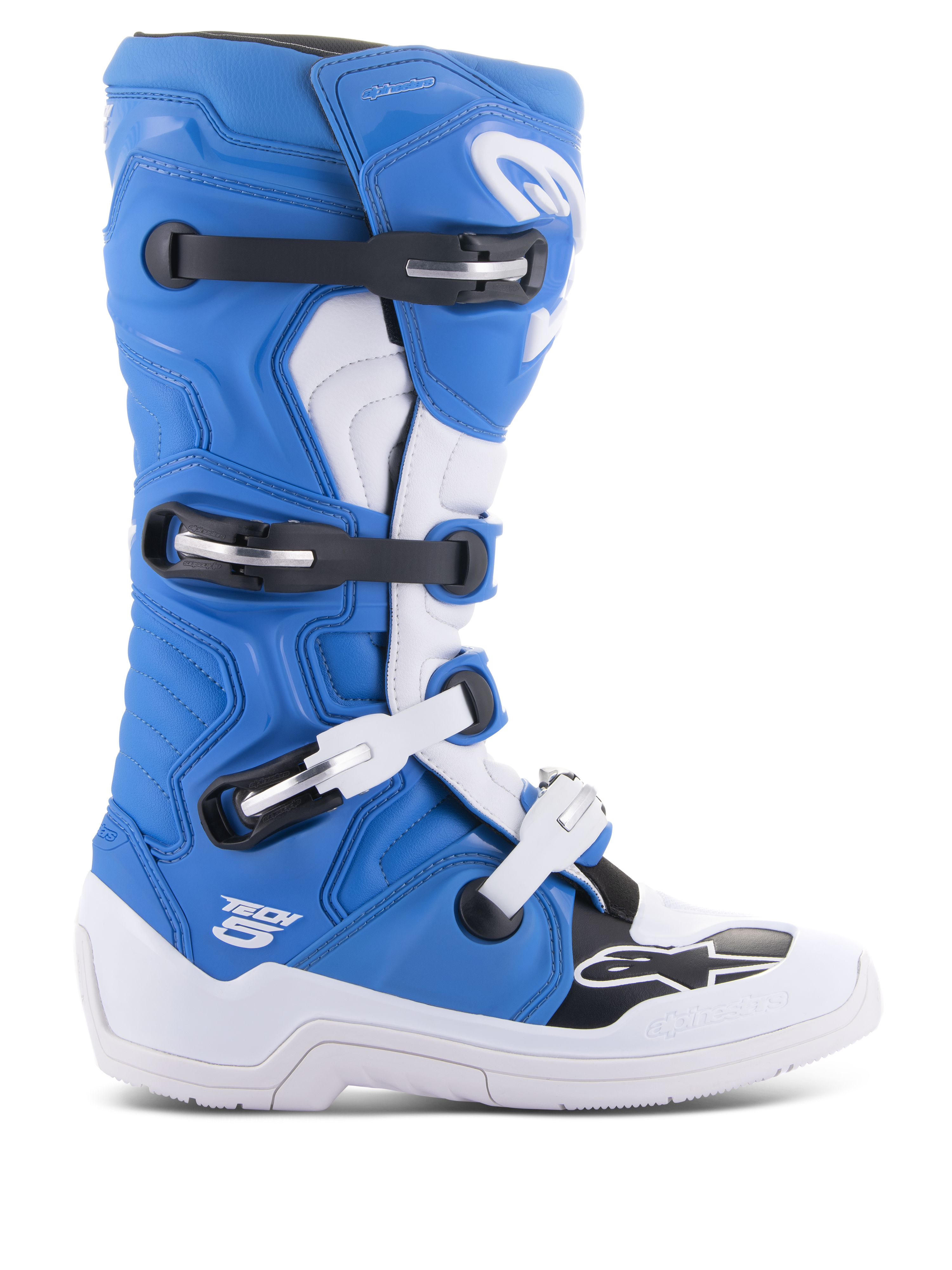 Alpinestars Tech 5 Stiefel, Motocross-Stiefel, Blau und Weiß mit schwarzen Akzenten, High-Top-Offroad-Renndesign, vier verstellbare Schnallen, verstärkte Schienbeinplatte, Alpinestars Stern-Logo auf der Zehenkappe, strapazierfähige Konstruktion für Dirt-Bike-Performance