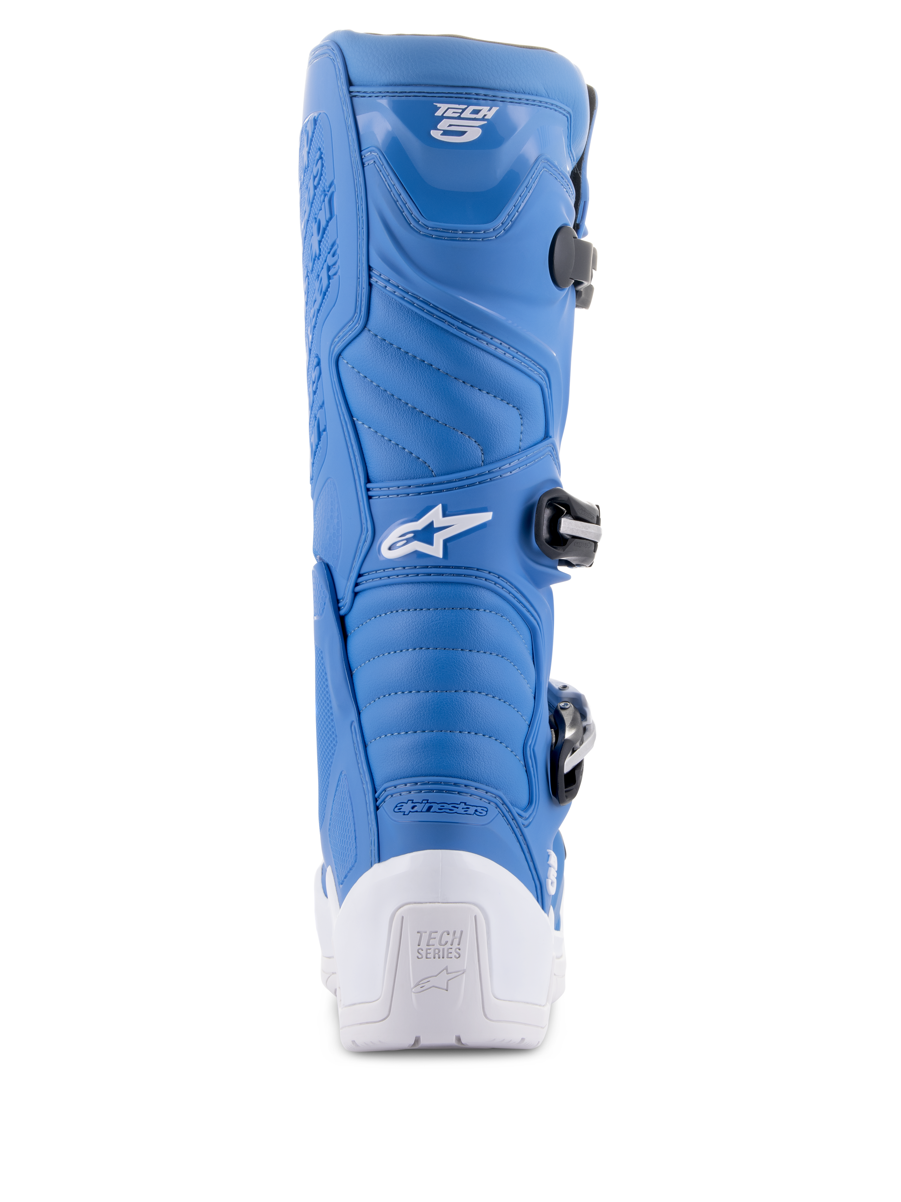 Alpinestars Tech 5 Stiefel, Blau und Weiß, Rückansicht mit weißer Fersenschale und Tech Series-Logo, blaues Mikrofaser-Obermaterial mit Akkordeon-Flexzonen und schwarzes Schnallensystem, Performance-Motocross-Schuhwerk