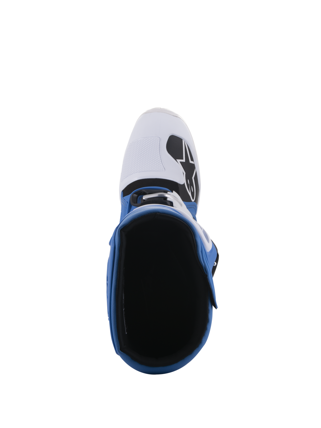 Alpinestars Tech 5 Stiefel, Blau und Weiß, Draufsicht mit Blick auf das Innenfutter und die weiße Zehenbox mit schwarzem Logo, mehrteilige Konstruktion für Offroad- und Motocross-Rennsport