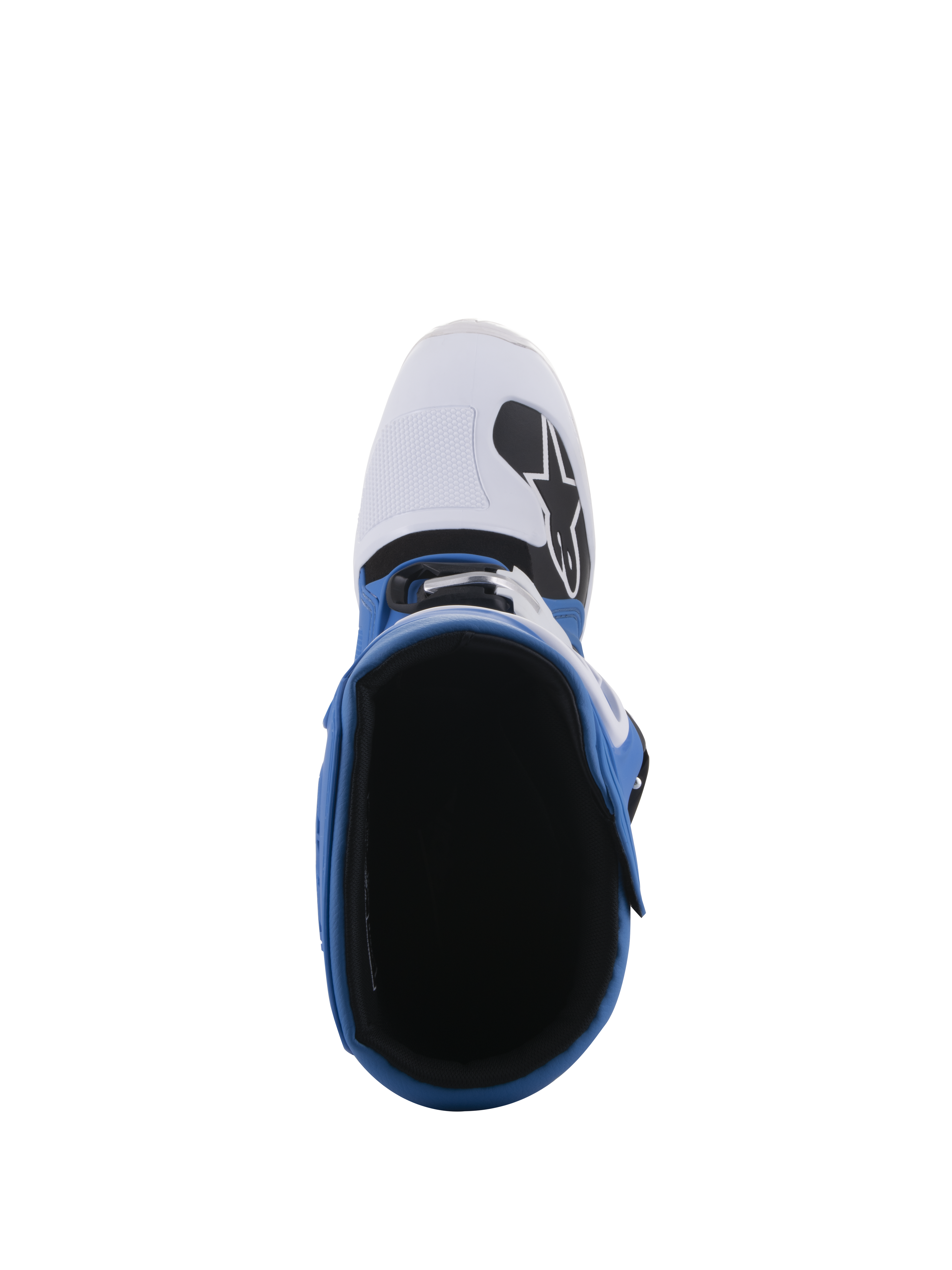 Alpinestars Tech 5 Stiefel, Blau und Weiß, Draufsicht mit Blick auf das Innenfutter und die weiße Zehenbox mit schwarzem Logo, mehrteilige Konstruktion für Offroad- und Motocross-Rennsport