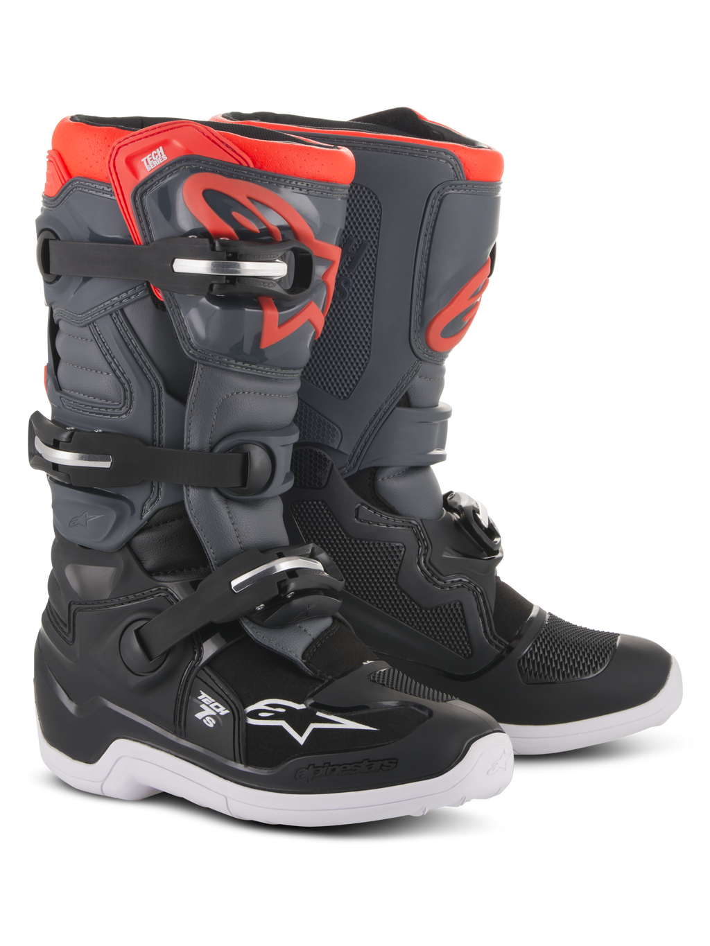 Alpinestars Youth Tech 7S Boots, Motocross Boots, Black Dark Gray and Red Fluorescent, featuring a four-buckle closure system, protective TPU shin plate, white outer sole, and red Alpinestars logo, designed for youth off-road riders.