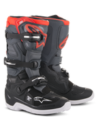 Alpinestars Youth Tech 7S Boots, Motocross Boots, Black Dark Gray and Red Fluorescent, featuring a four-buckle closure system, protective TPU shin plate, white outer sole, and red Alpinestars logo, designed for youth off-road riders.