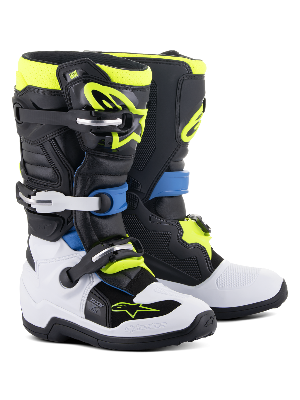 Alpinestars Youth Tech 7S Stiefel, Motocross-Stiefel, Schwarz, Enamel Blue, Gelb Fluo und Weiß, mit hochschlagfesten Schnallenverschlüssen, TPU-Schienbeinplatten und flexiblem Pivot-System für Junior-Offroad-Performance.