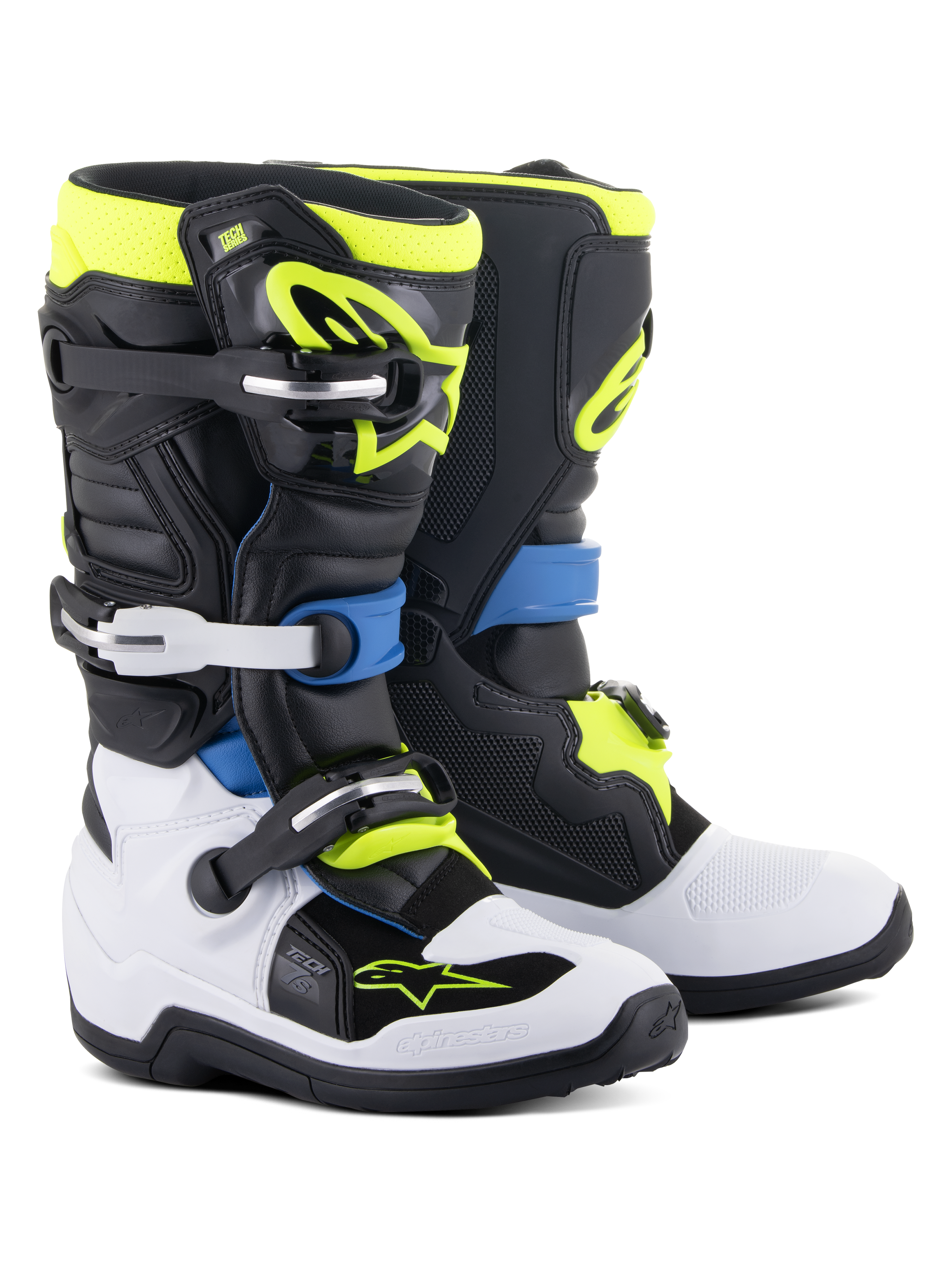 Alpinestars Youth Tech 7S Stiefel, Motocross-Stiefel, Schwarz, Enamel Blue, Gelb Fluo und Weiß, mit hochschlagfesten Schnallenverschlüssen, TPU-Schienbeinplatten und flexiblem Pivot-System für Junior-Offroad-Performance.