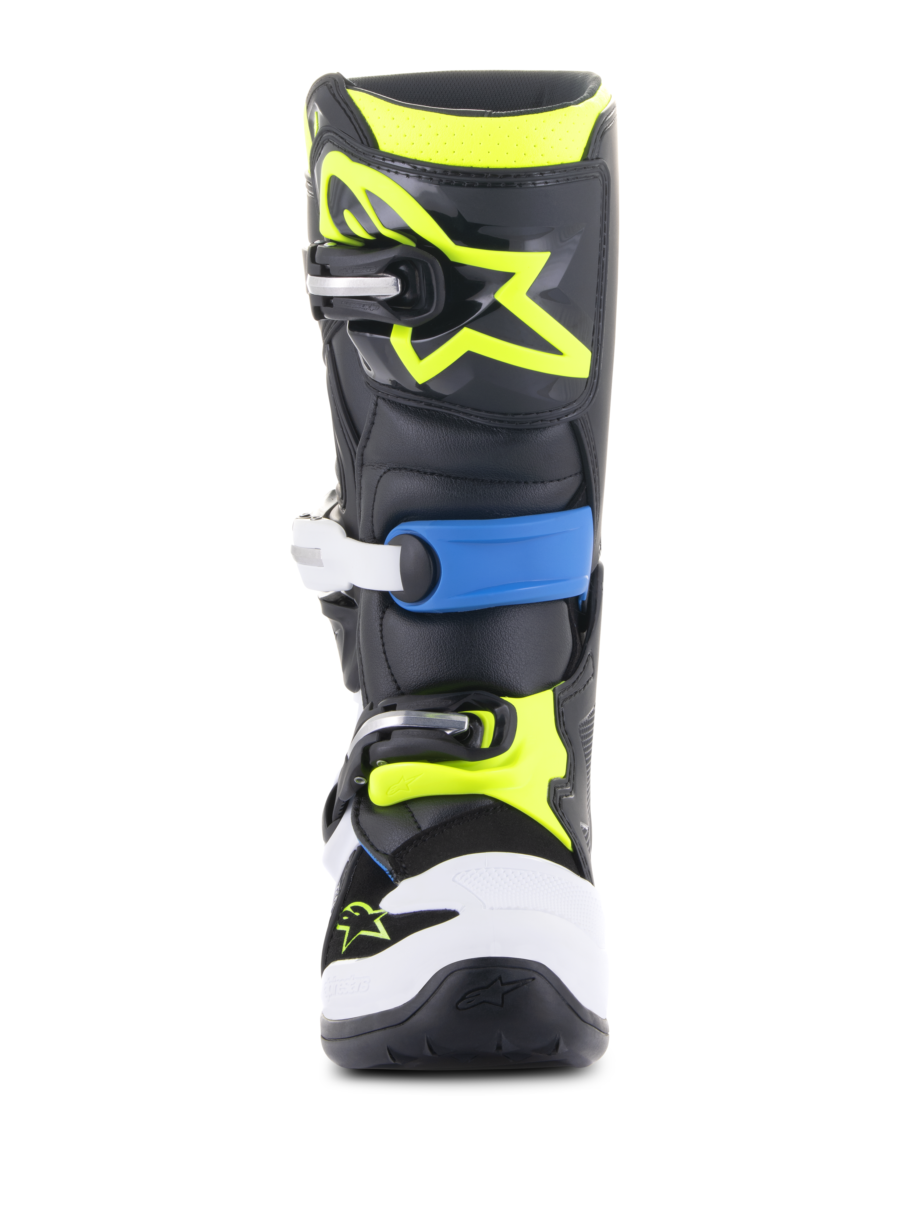 Alpinestars Youth Tech 7S Stiefel, Motocross-Stiefel, Schwarz, Enamel-Blau und Gelb Fluo, Vorderansicht mit einem robusten Mehrfach-Schnallenverschlusssystem, weißem Zehenschutz und leuchtend neongelbem Alpinestars-Logo auf der Schienbeinplatte