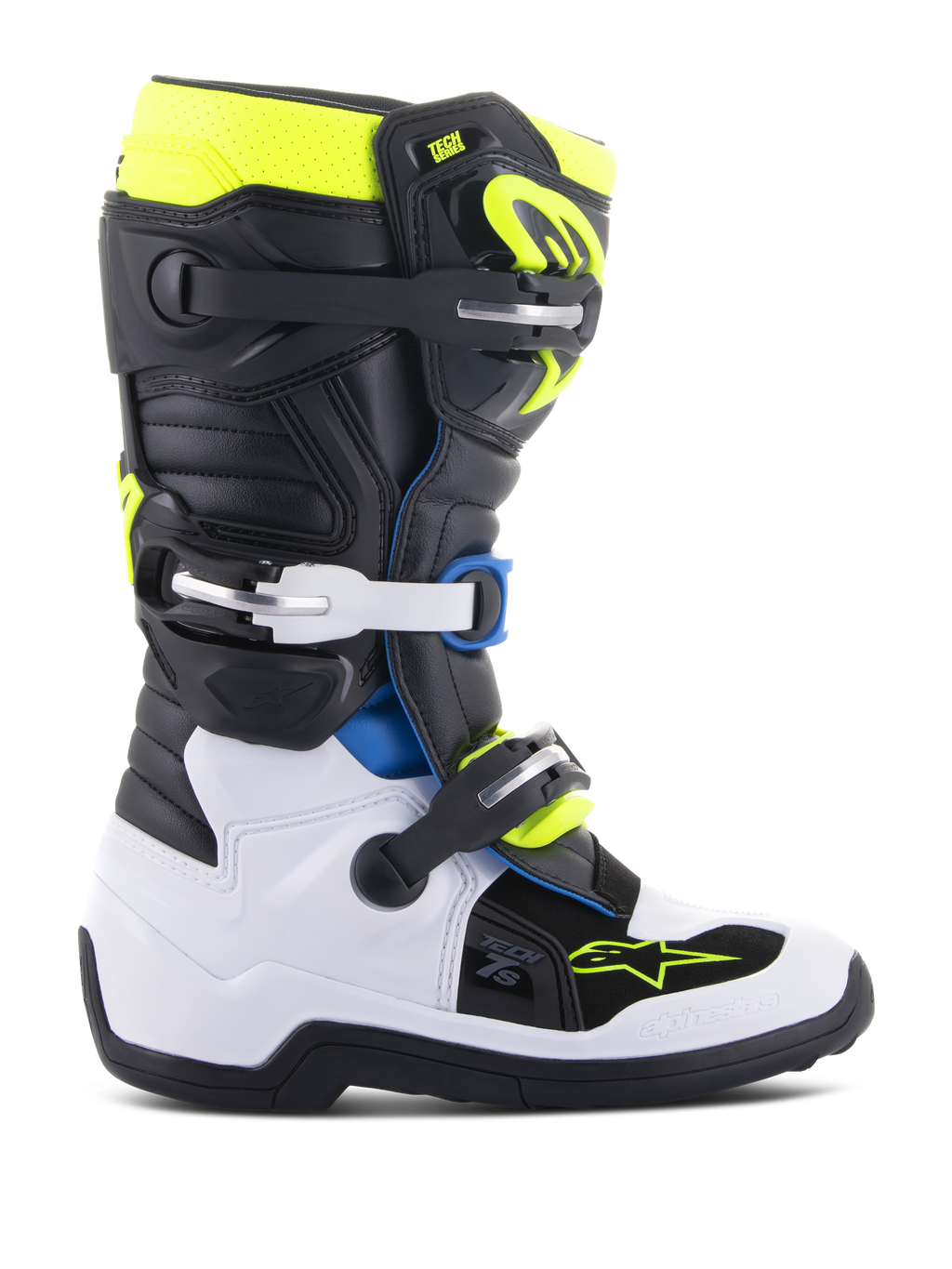 Alpinestars Youth Tech 7S Stiefel, Motocross-Stiefel für junge Fahrer, Schwarz, Weiß und Gelb Fluo mit blauen Akzenten, verstellbares Schnallensystem, verstärkte Schutzpaneele, griffige Sohle für Offroad-Rennen