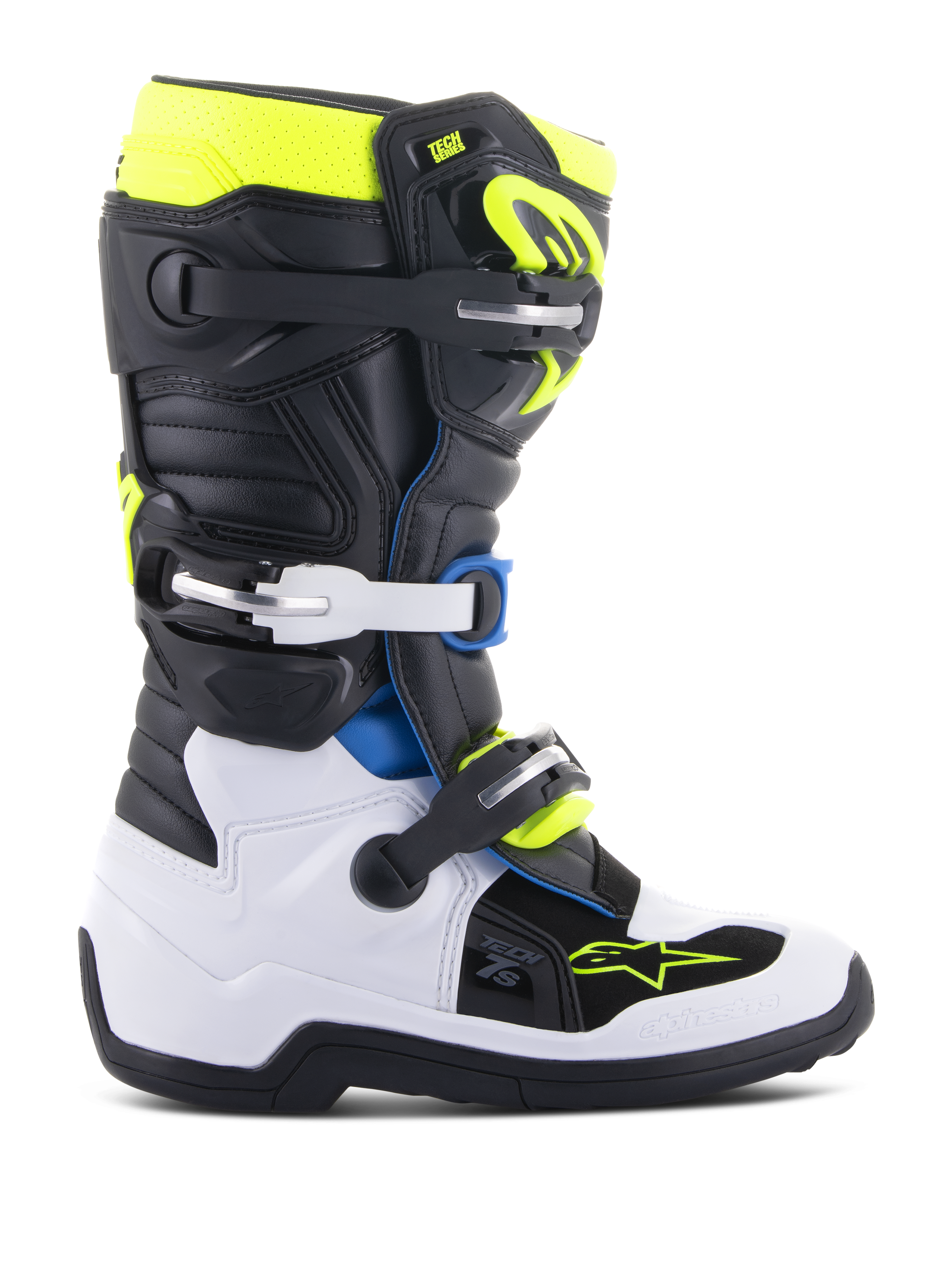 Alpinestars Youth Tech 7S Stiefel, Motocross-Stiefel für junge Fahrer, Schwarz, Weiß und Gelb Fluo mit blauen Akzenten, verstellbares Schnallensystem, verstärkte Schutzpaneele, griffige Sohle für Offroad-Rennen