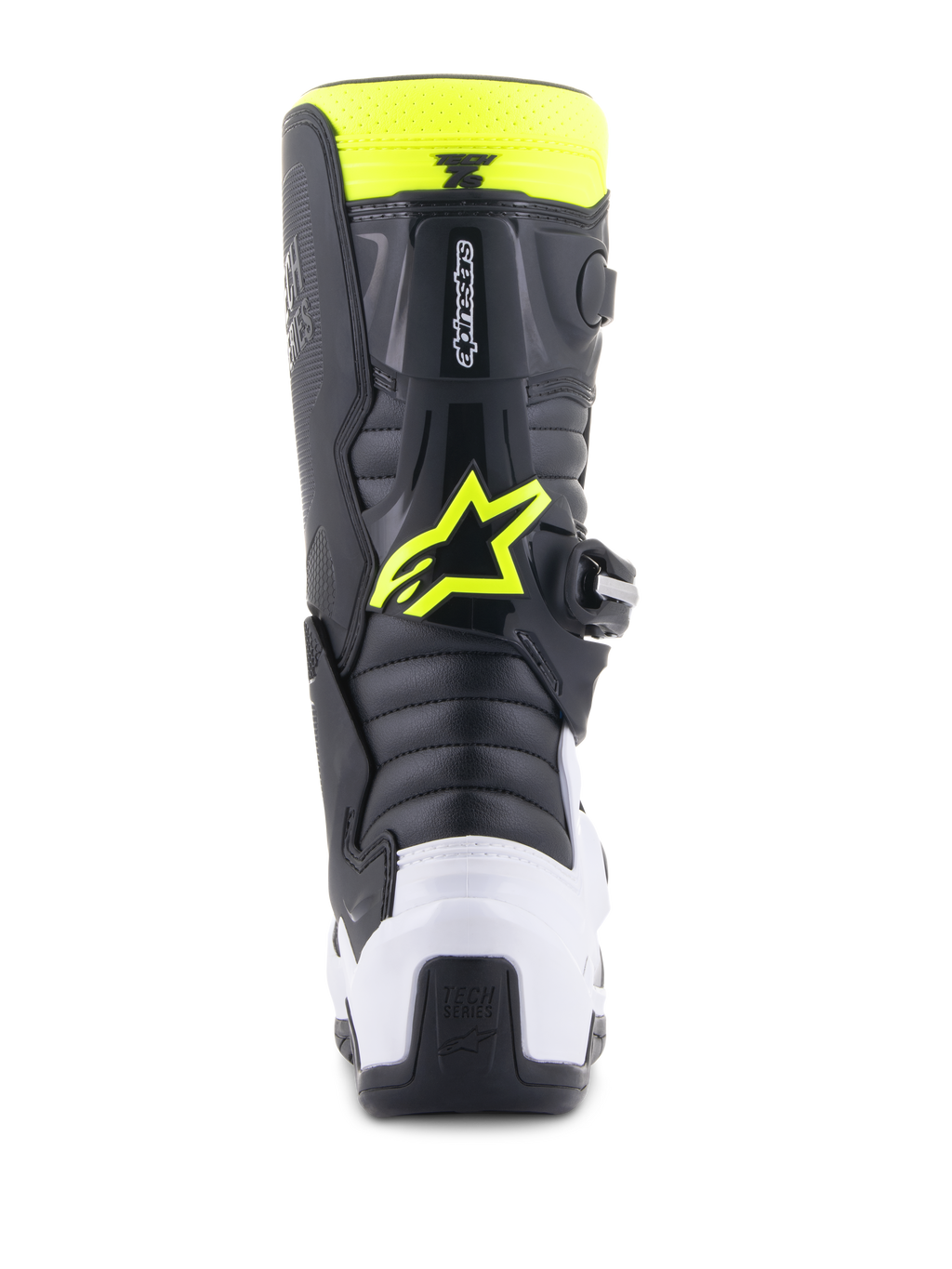 Alpinestars Youth Tech 7S Stiefel, Motocross-Stiefel, Schwarz, Weiß und Gelb Fluo, Rückansicht mit weißem Fersenschutz und neongelbem Alpinestars-Logo, strapazierfähiges Offroad-Schuhwerk für Nachwuchsfahrer