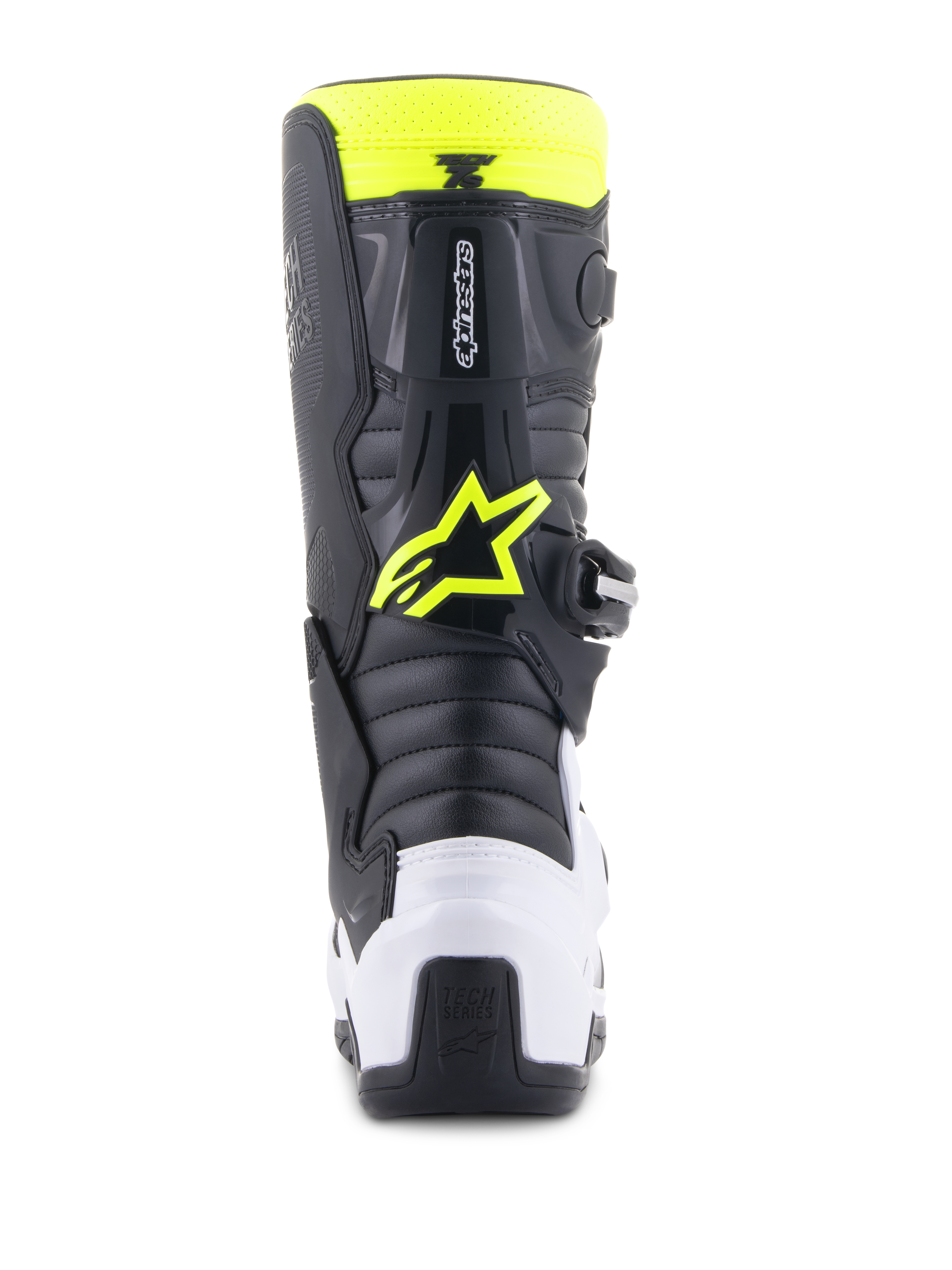 Alpinestars Youth Tech 7S Stiefel, Motocross-Stiefel, Schwarz, Weiß und Gelb Fluo, Rückansicht mit weißem Fersenschutz und neongelbem Alpinestars-Logo, strapazierfähiges Offroad-Schuhwerk für Nachwuchsfahrer