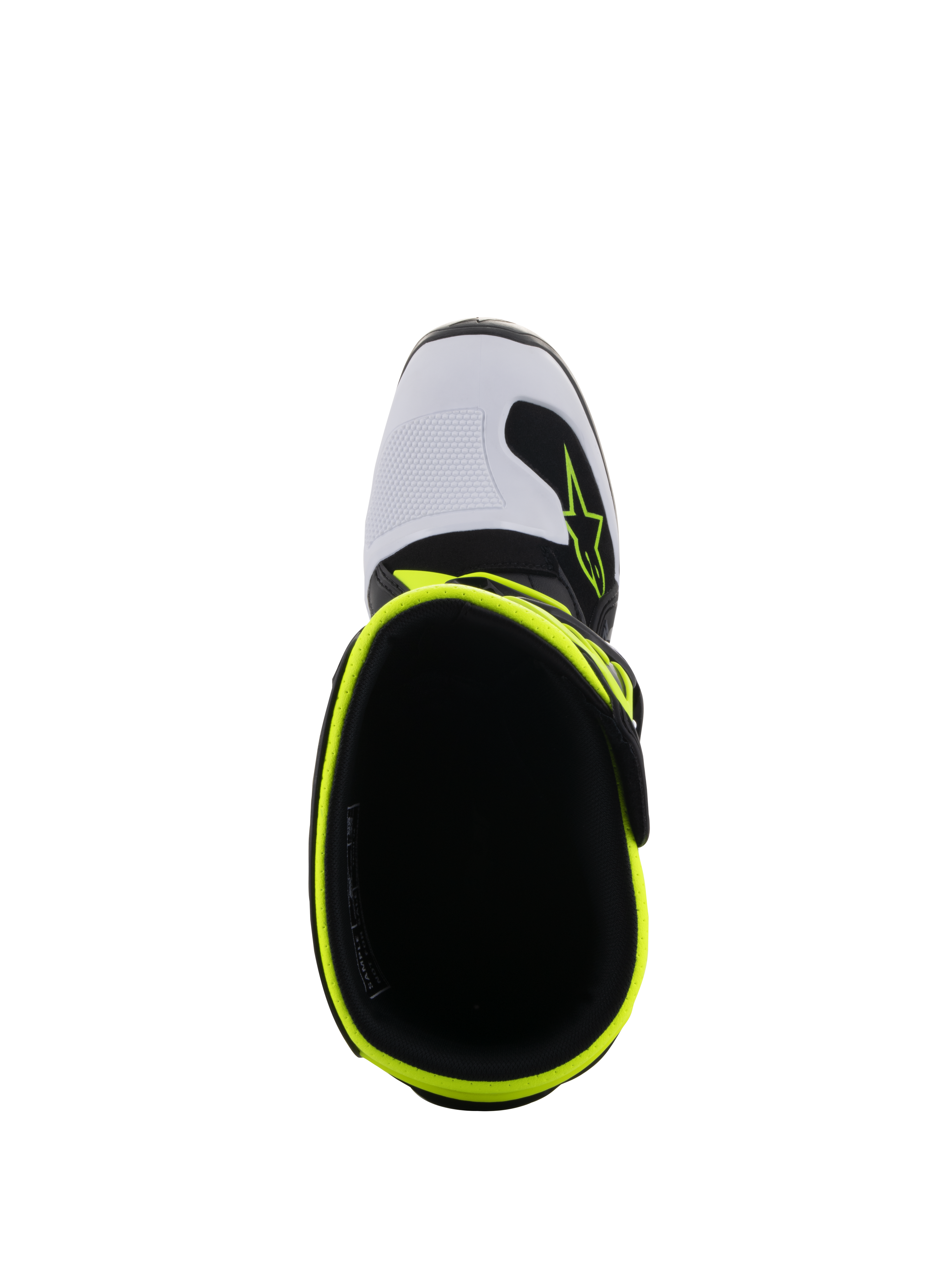 Alpinestars Youth Tech 7S Stiefel, Motocross-Stiefel, Schwarz, Weiß und Gelb Fluo, Draufsicht mit Innenöffnung und fluoreszierendem gelben Rand, weiße Zehenkappe mit Alpinestars-Logo, hochleistungsfähige Schutzausrüstung für Jugendliche