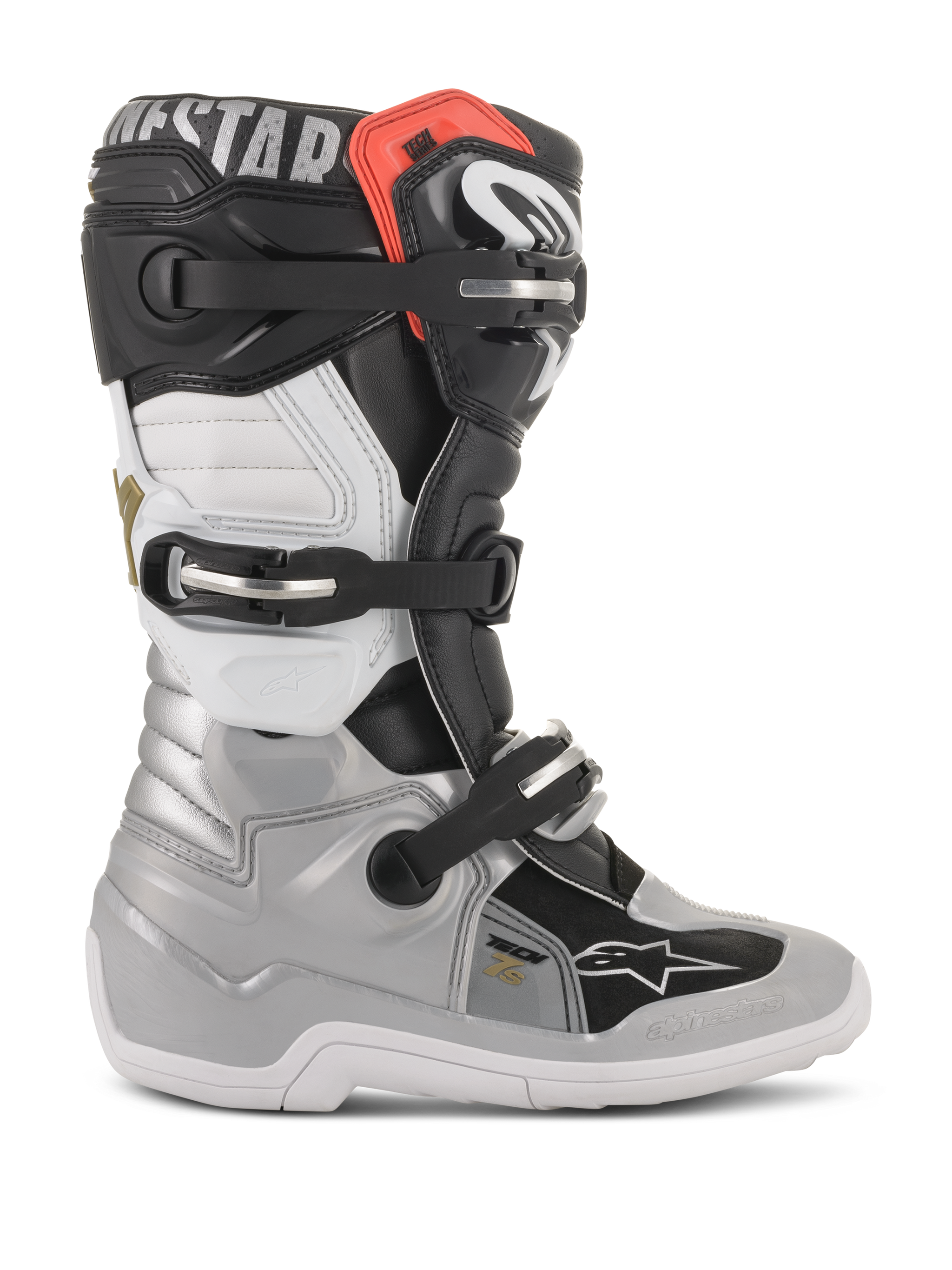 Alpinestars Youth Tech 7S Boots, Motocross Boots, Black Silver White and Gold, side profile showing buckle closure system, TPU protectors, and durable construction for youth riders.