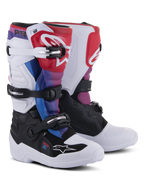 Alpinestars Youth Tech 7S Stiefel, Motocross-Stiefel, White Black Rainbow, mit weiß-schwarzer Basis sowie roten, blauen und lila Akzenten, Mehrfach-Schnallenverschluss-System und schützender Schienbeinplatte für Offroad-Rennen