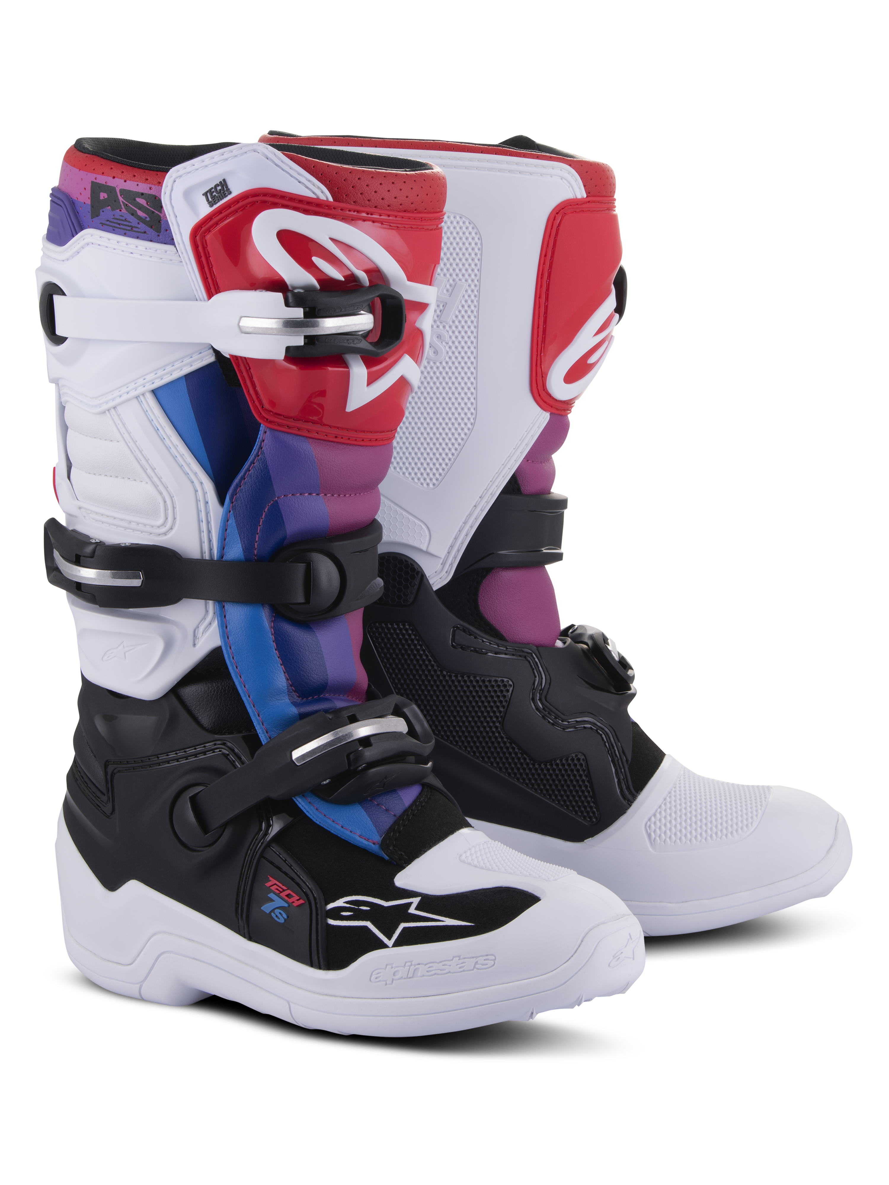 Alpinestars Youth Tech 7S Stiefel, Motocross-Stiefel, White Black Rainbow, mit weiß-schwarzer Basis sowie roten, blauen und lila Akzenten, Mehrfach-Schnallenverschluss-System und schützender Schienbeinplatte für Offroad-Rennen