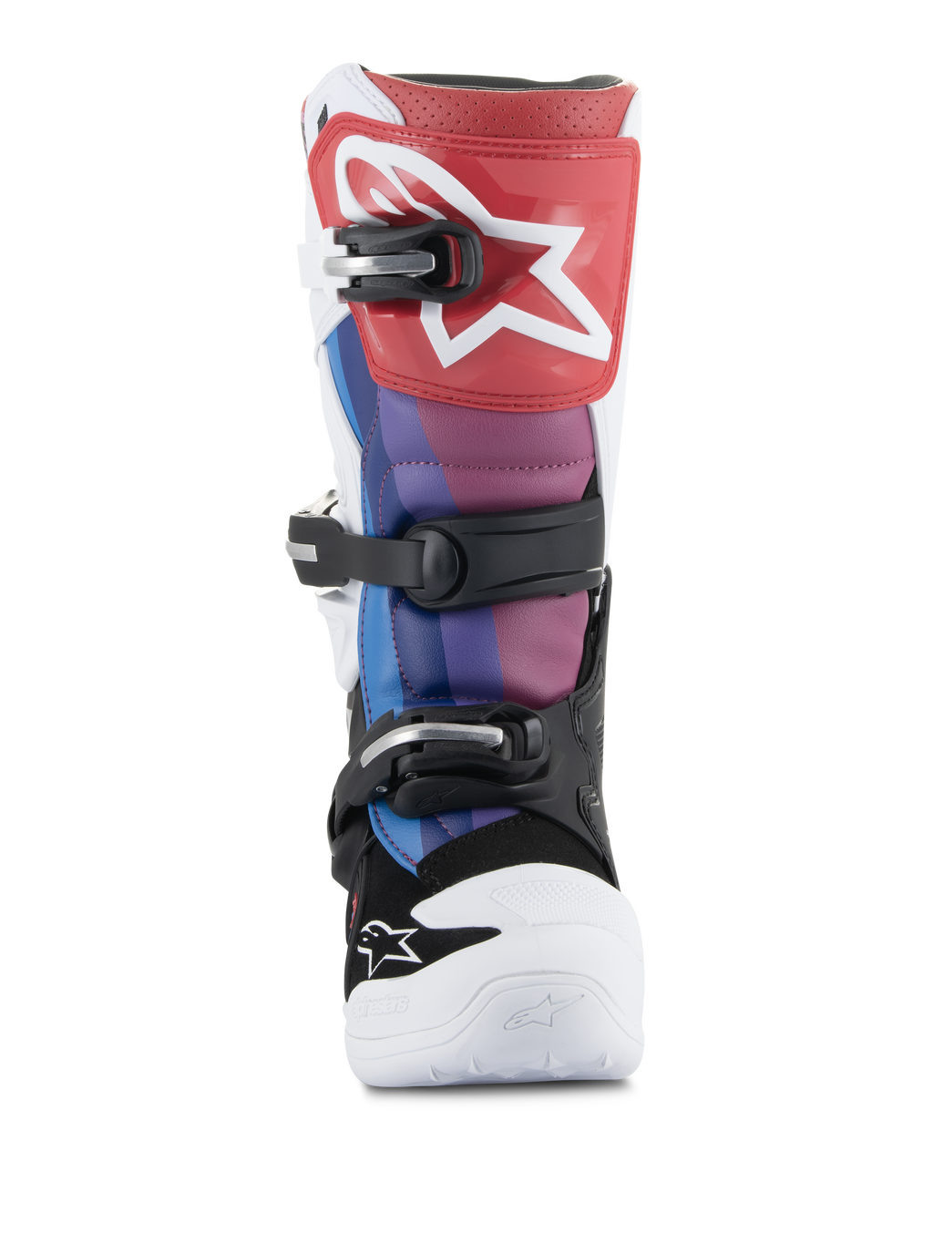 Alpinestars Youth Tech 7S Stiefel, Motocross-Stiefel, White Black Rainbow, Vorderansicht mit roter Schienbeinplatte und weißem Stern-Logo, blauen und lila Einsätzen, schwarzem Schnallensystem und weißer Zehenkappe, strapazierfähiges Schuhwerk für den Offroad-Rennsport