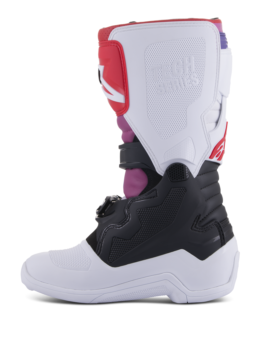 Alpinestars Youth Tech 7S Stiefel, Motocross-Stiefel, White Black Rainbow, mediale Seitenansicht mit weißer Schienbeinplatte und geprägtem Tech Series-Logo, schwarzem unteren Bereich und leuchtend pinken und roten Akzenten, strapazierfähige Schutzausrüstung für jugendliche Offroad-Fahrer