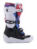 Alpinestars Youth Tech 7S Stiefel, Motocross-Stiefel für junge Fahrer, Weiß und Schwarz mit roten, blauen und lila Akzenten, mit einem Dreifach-Schnallen-Verschlusssystem, schützenden TPU-Paneelen und einer robusten dicken weißen Sohle