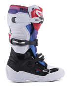 Alpinestars Youth Tech 7S Stiefel, Motocross-Stiefel für junge Fahrer, Weiß und Schwarz mit roten, blauen und lila Akzenten, mit einem Dreifach-Schnallen-Verschlusssystem, schützenden TPU-Paneelen und einer robusten dicken weißen Sohle