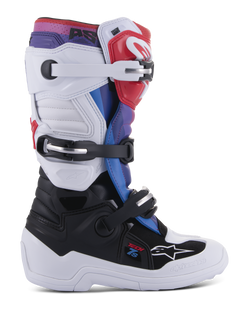 Alpinestars Youth Tech 7S Boots, Motocross Boots for Young Riders, White and Black with Red Blue and Purple accents, featuring a triple buckle closure system, protective TPU panels, and a durable thick white sole