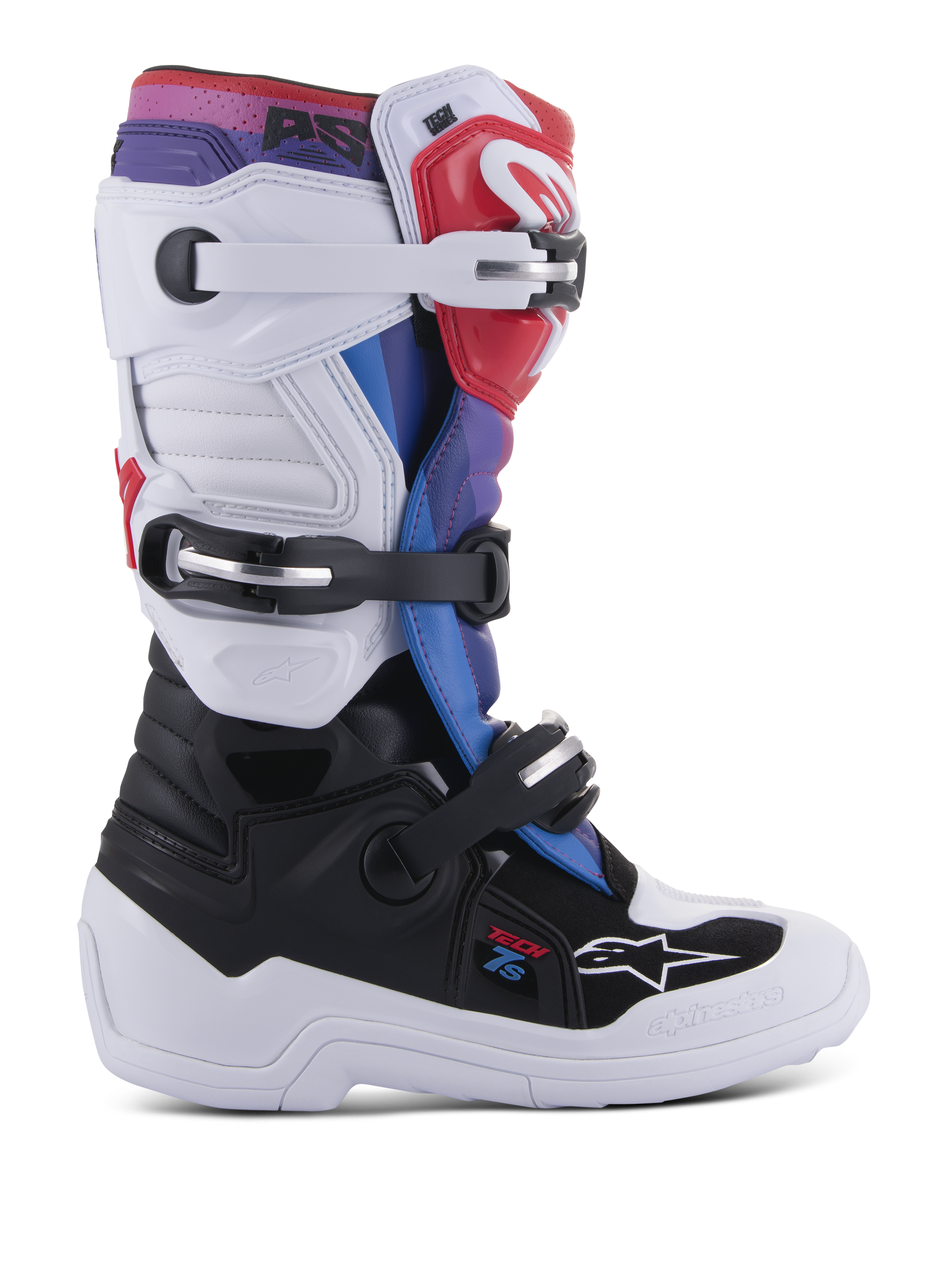 Alpinestars Youth Tech 7S Stiefel, Motocross-Stiefel für junge Fahrer, Weiß und Schwarz mit roten, blauen und lila Akzenten, mit einem Dreifach-Schnallen-Verschlusssystem, schützenden TPU-Paneelen und einer robusten dicken weißen Sohle
