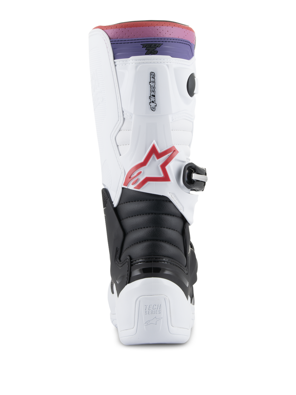 Alpinestars Youth Tech 7S Stiefel, Motocross-Stiefel, Weiß, Schwarz und Regenbogenfarben, Rückansicht mit Fersen- und Wadenschutz, schwarze Akkordeon-Flexzone, rotes Stern-Logo und ein pink-violettes Verlaufsband am oberen Rand