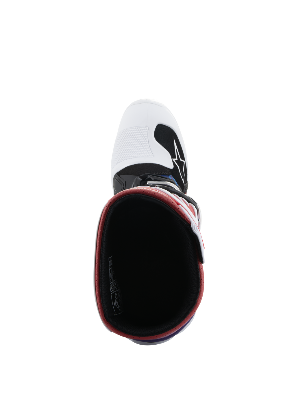 Alpinestars Youth Tech 7S Stiefel, Motocross-Stiefel, Weiß Schwarz Regenbogen, Draufsicht mit Blick in den Stiefel, schwarzes Innenfutter mit rotem Rand, weiße Zehenbox mit schwarzem Alpinestars-Logo