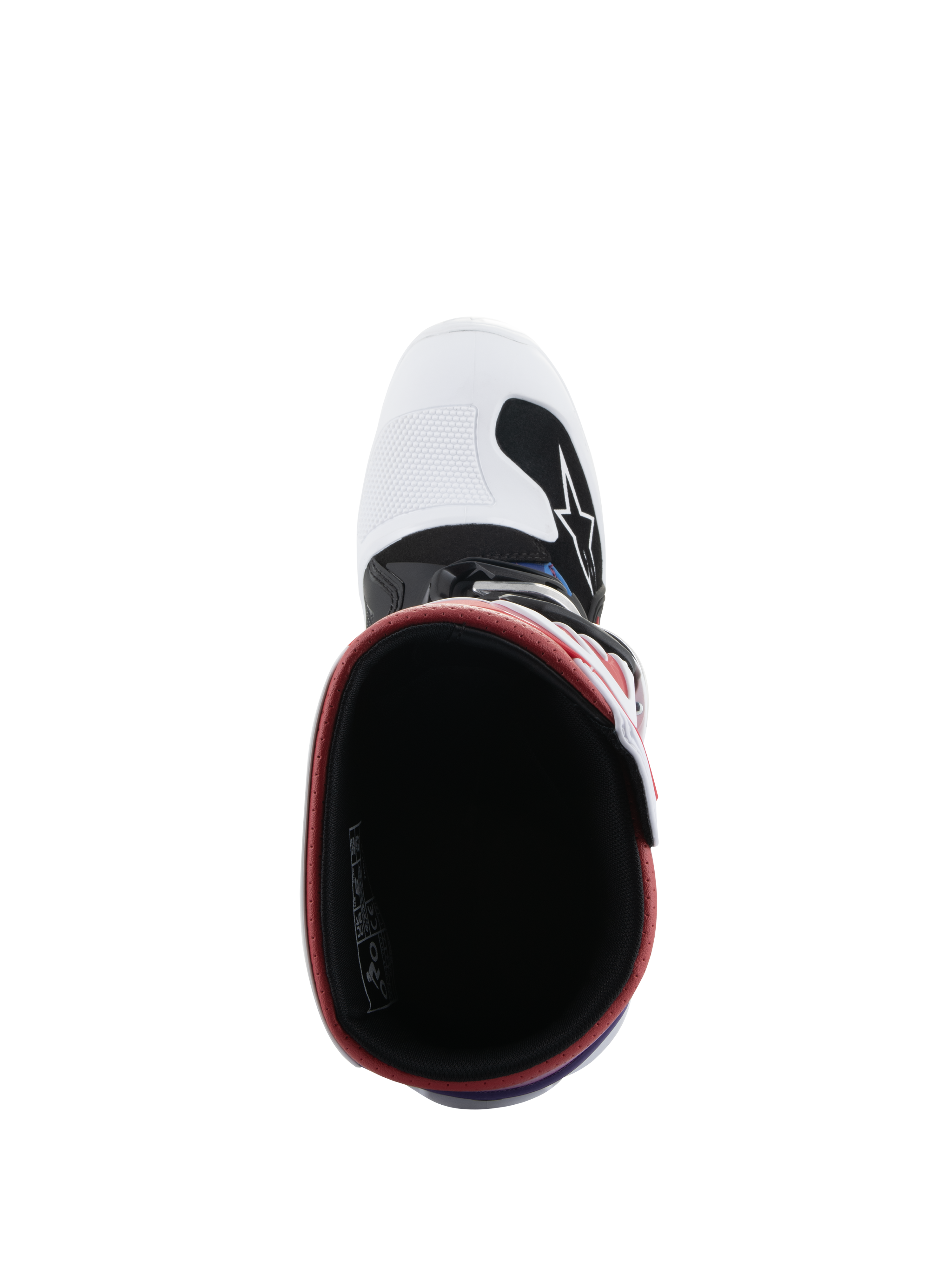 Alpinestars Youth Tech 7S Stiefel, Motocross-Stiefel, Weiß Schwarz Regenbogen, Draufsicht mit Blick in den Stiefel, schwarzes Innenfutter mit rotem Rand, weiße Zehenbox mit schwarzem Alpinestars-Logo