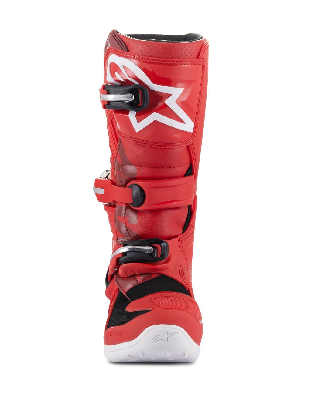 Alpinestars Youth Tech 7S Stiefel, Jugend-Motocross-Stiefel, Rot, mit weißem Stern-Logo auf dem Schienbein, schwarz-silbernem Schnallensystem, weißer Sohle, strapazierfähige Konstruktion für den Geländeeinsatz, Frontansicht