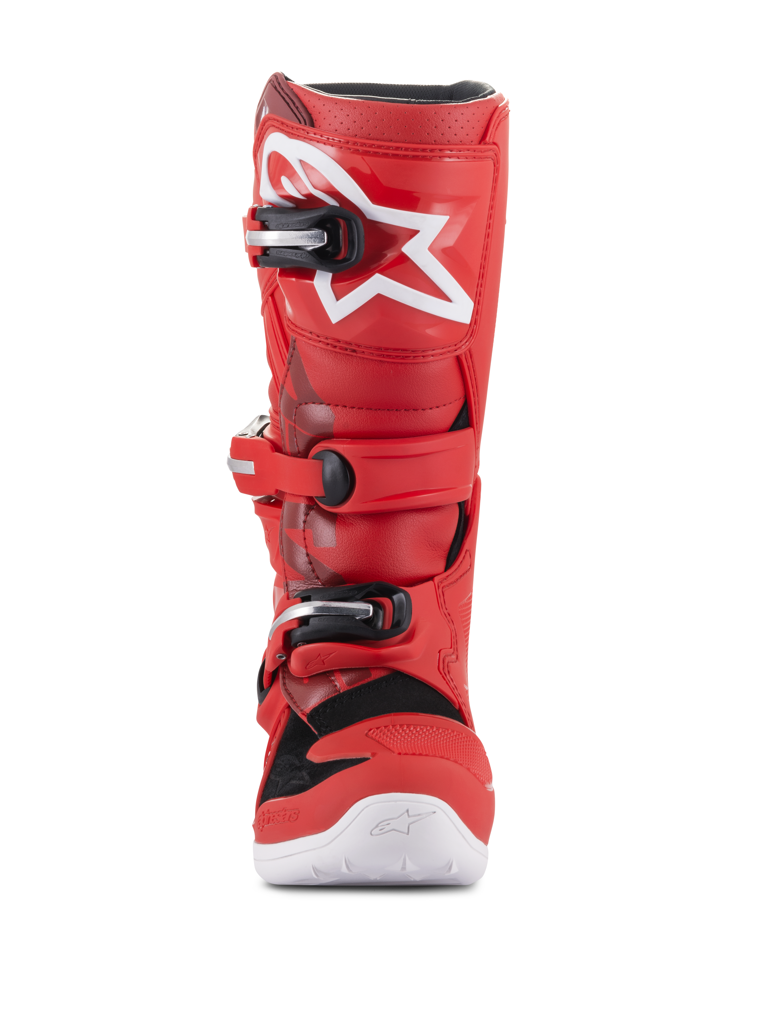 Alpinestars Youth Tech 7S Stiefel, Jugend-Motocross-Stiefel, Rot, mit weißem Stern-Logo auf dem Schienbein, schwarz-silbernem Schnallensystem, weißer Sohle, strapazierfähige Konstruktion für den Geländeeinsatz, Frontansicht