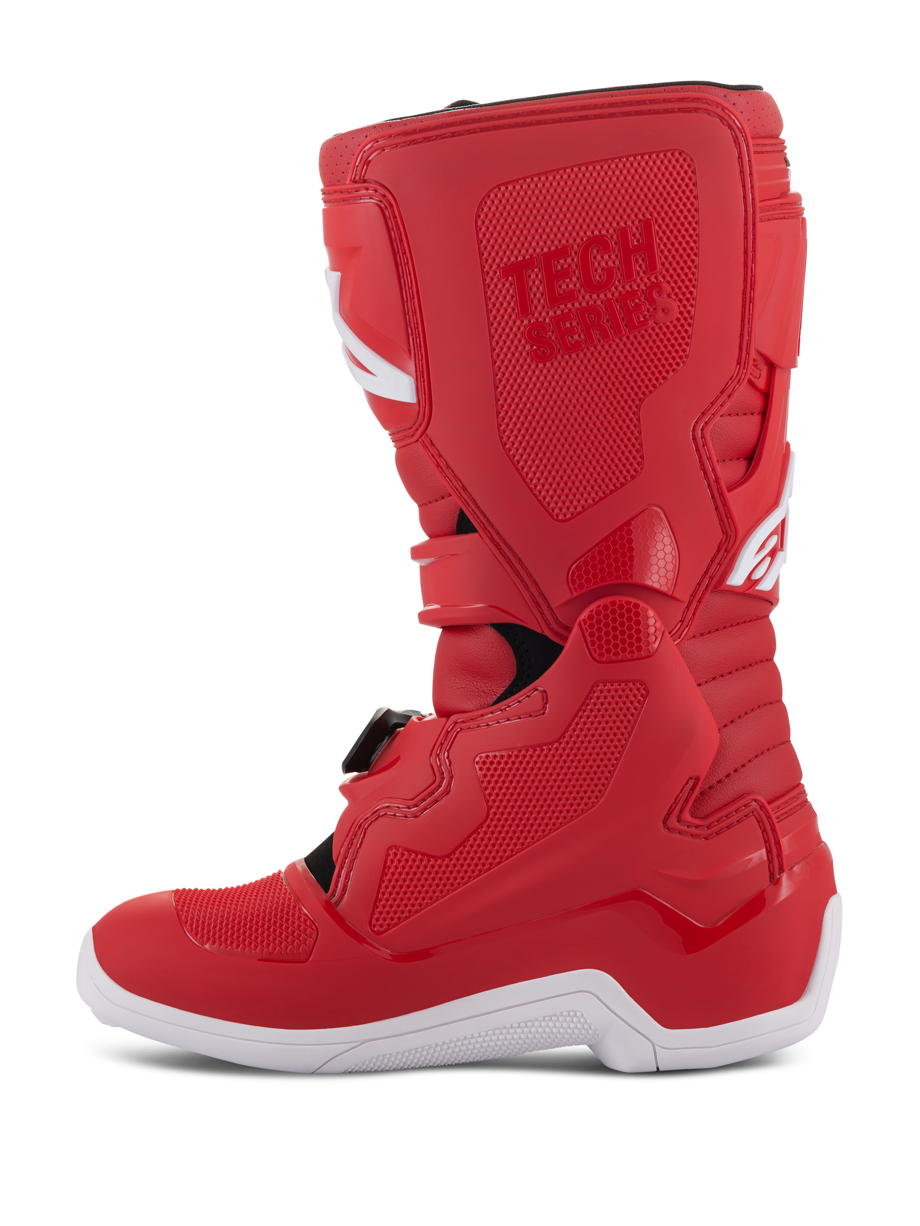 Alpinestars Youth Tech 7S Stiefel, Jugend-Motocross-Stiefel, Rot, mit weißer Sohle, TPU-verstärkten Paneelen, mehreren Schnallenverschlüssen und 'TECH SERIES'-Branding, entworfen für jugendliche Offroad-Fahrer